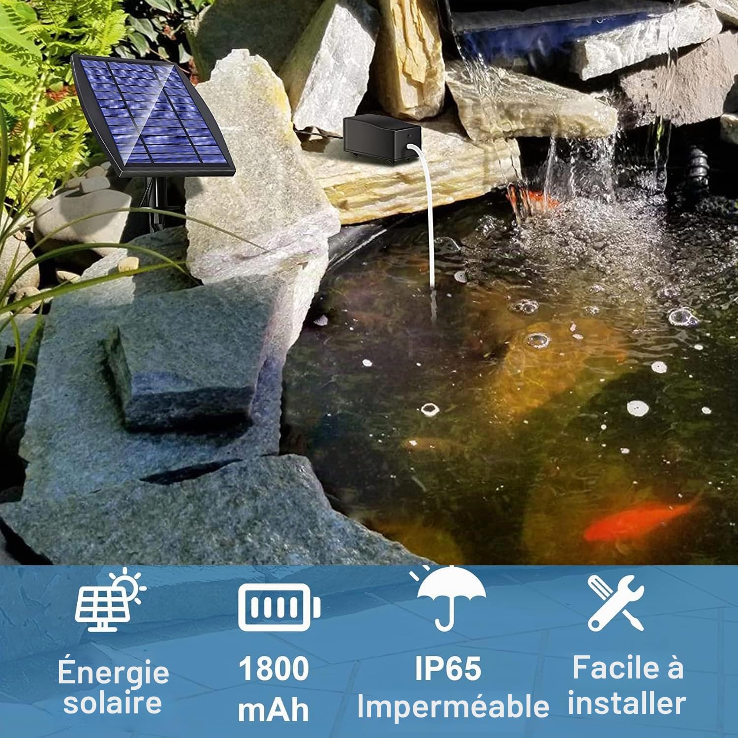 Pompe à oxygène solaire 2,5 W pour bassin avec batterie de secours de 1800 mAh, 3 modes de pompe à oxygène, pompe à air hydroponique, convient pour la pêche en plein air, les étangs, les