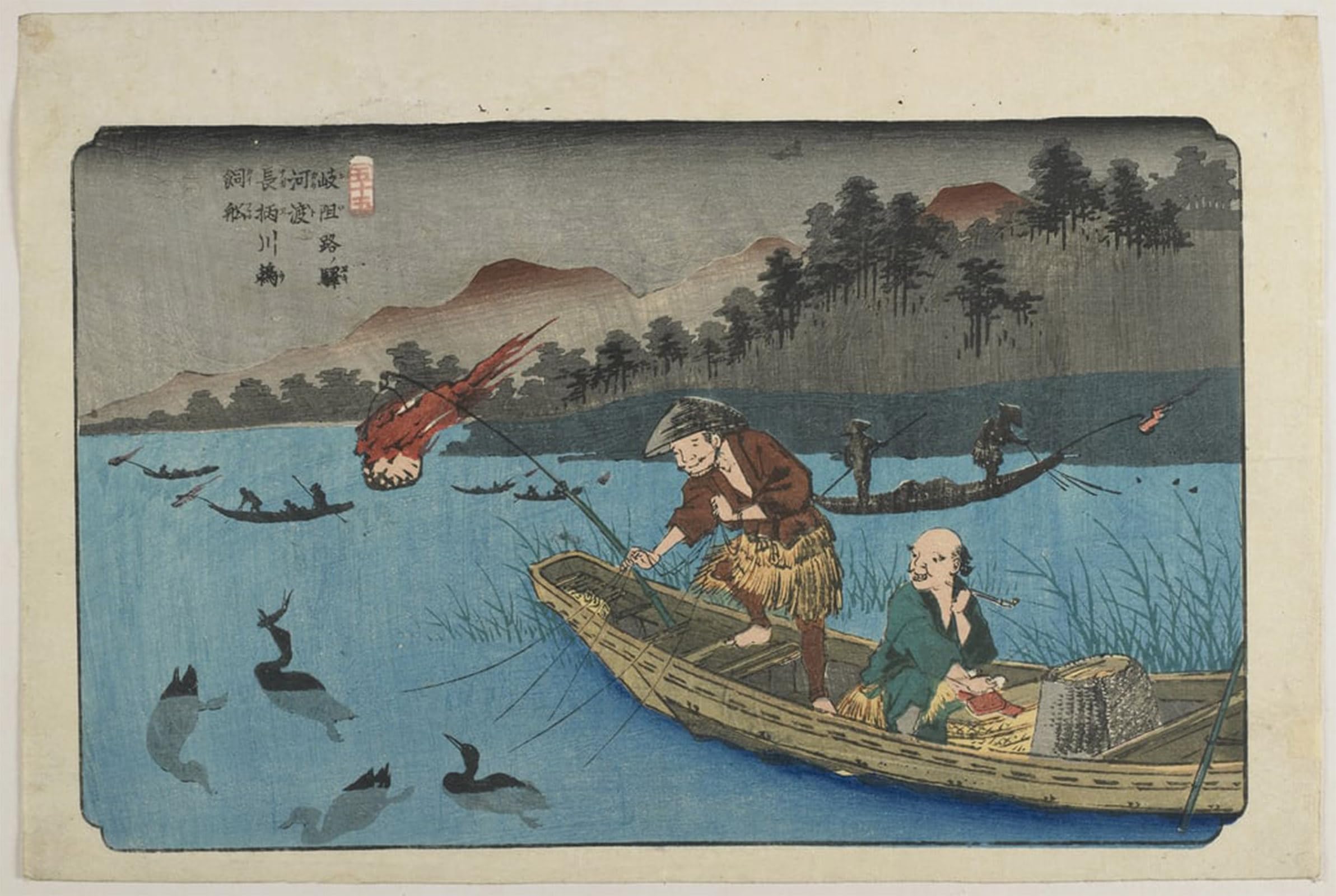 POSTERIIk Famous Animal Posters Vintage Picture Cormorant Fishing Boat At Nagae River Near Ko_to Station by Keisai Eisen Modern Wall Decor for Home Decor 60x90cm