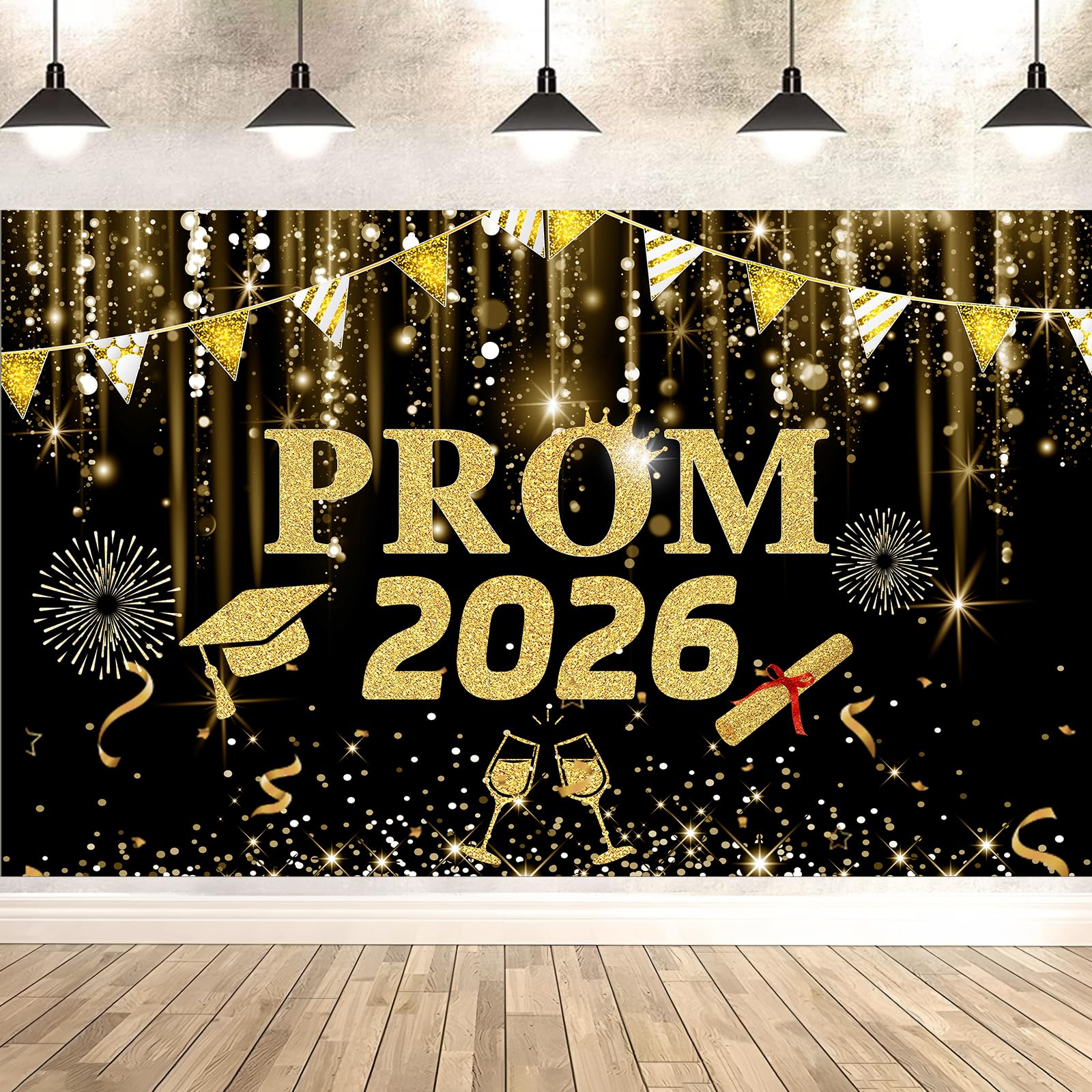 Prom 2026 Banner Decorations Large Prom Night Backdrop Photo Background Graduation Banner 2026 Gold for Graduation Party Supplies Decorations Class Of 2026 Decorations (Gold and Black)