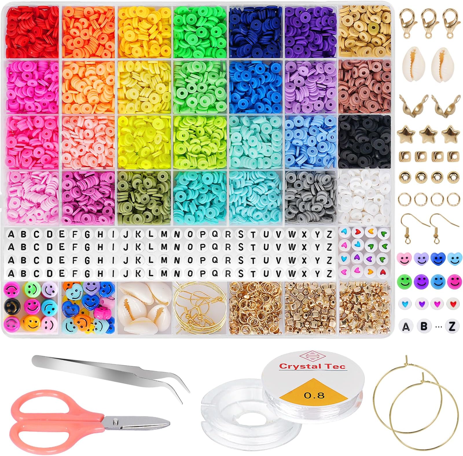 Moyofree 6380Pcs Clay Beads Kit, 28 Colors Flat Round Polymer Beads for Jewelry Making, 6mm Heishi Clay Spacer Beads for Bracelet Necklace Earring DIY with Letter Beads for Kids Adults