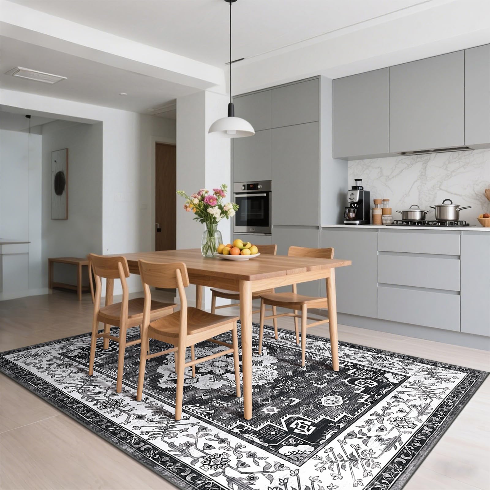 Enyhom Boho Großer Teppich, 160 x 230cm rutschfest Waschbar Bodenteppich Vintage Hochwertiger Weich Wohnzimmerteppich Robuste Kurzflor Flächenteppiche für Schlafzimmer Küche Esszimmer, Dunkelgrau