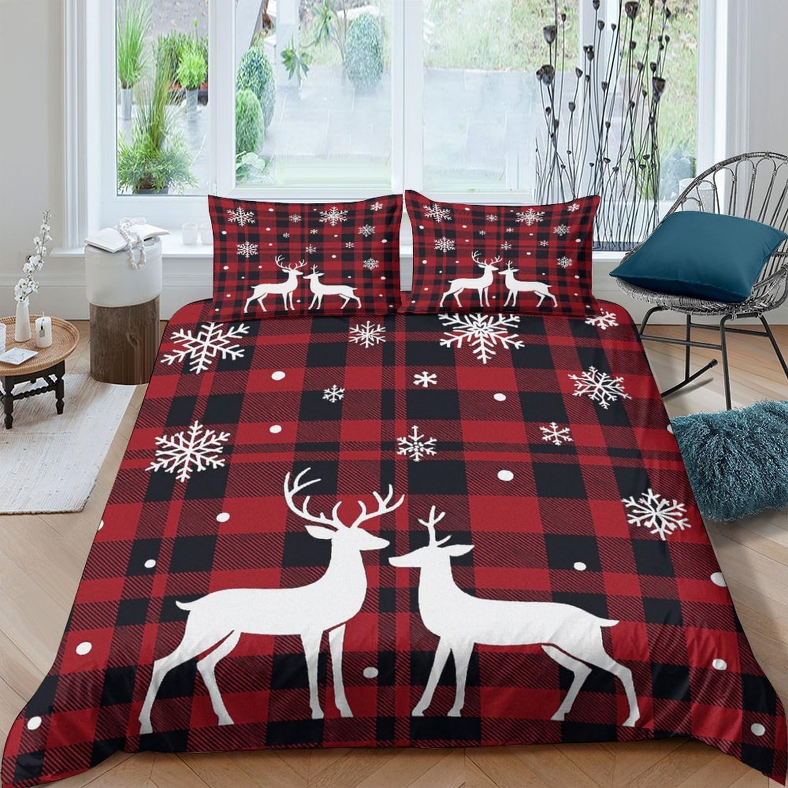 TUFRTGYHN 3D Printed Red Plaid Reindeer Duvet Cover Microfiber Soft Breathable Snowflake Bedding Set with 2 Pillowcases for Bedroom Decor Single（135x200cm）