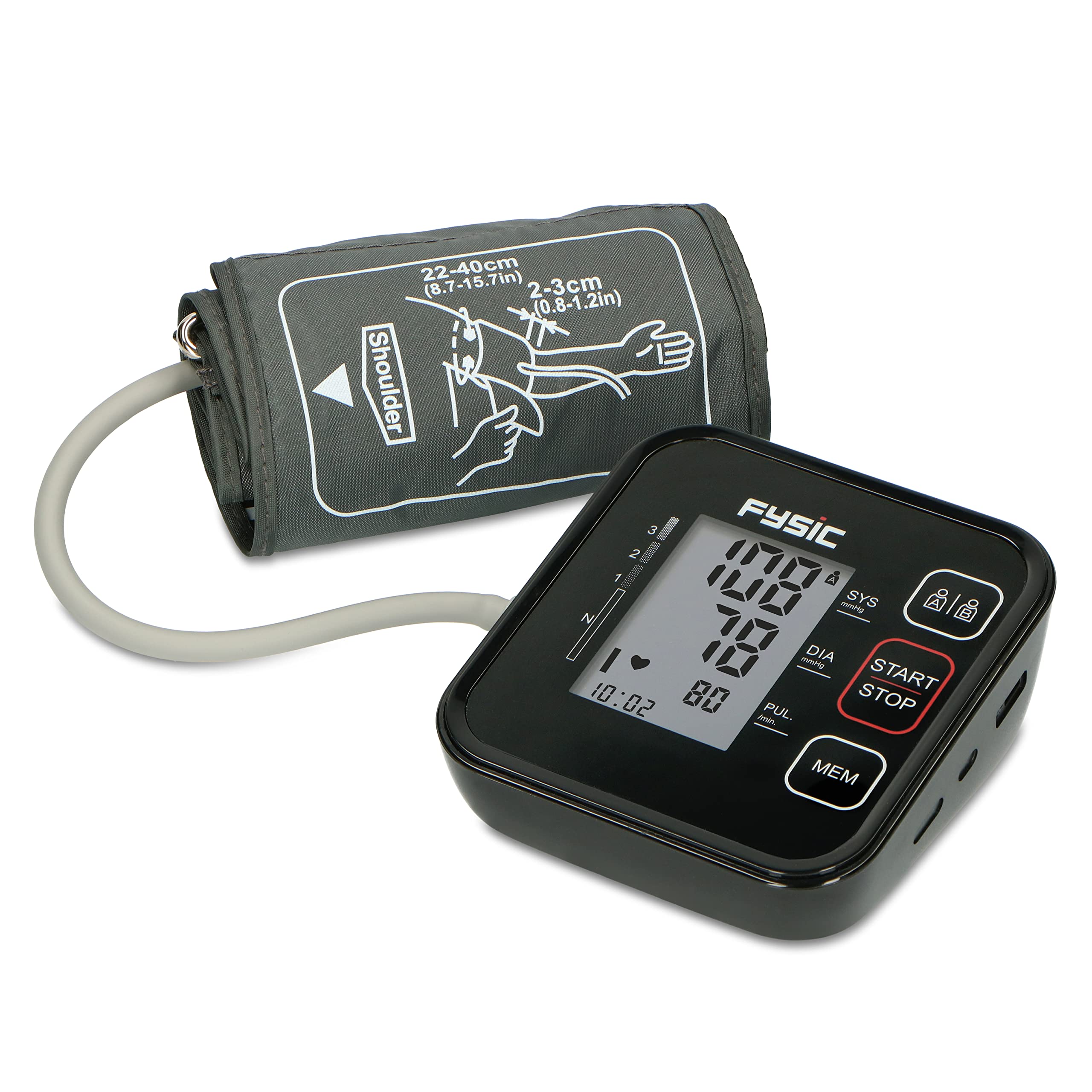 Fysic Tensiómetro de brazo FB150 con control en el asiento del puño, circunferencia del brazo de 22-40 cm, medición en 30 segundos, pantalla LCD, color negro