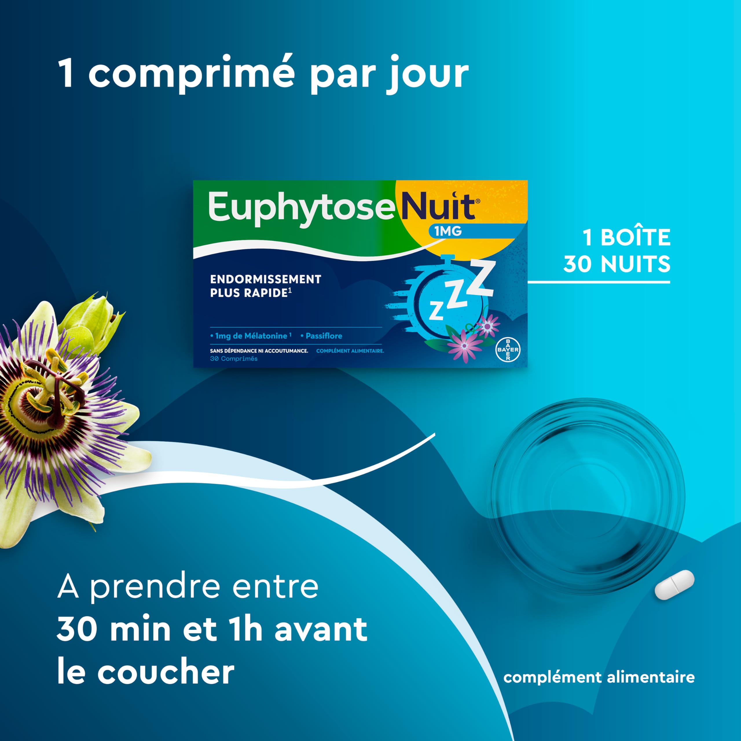 EuphytoseNuit® - Complément alimentaire adulte - Mélatonine 1mg - Endormissement plus rapide - Passiflore : Sommeil de qualité - 3 Packs de 30 Comprimés - 90 nuits de sommeil - Fabriqué en France