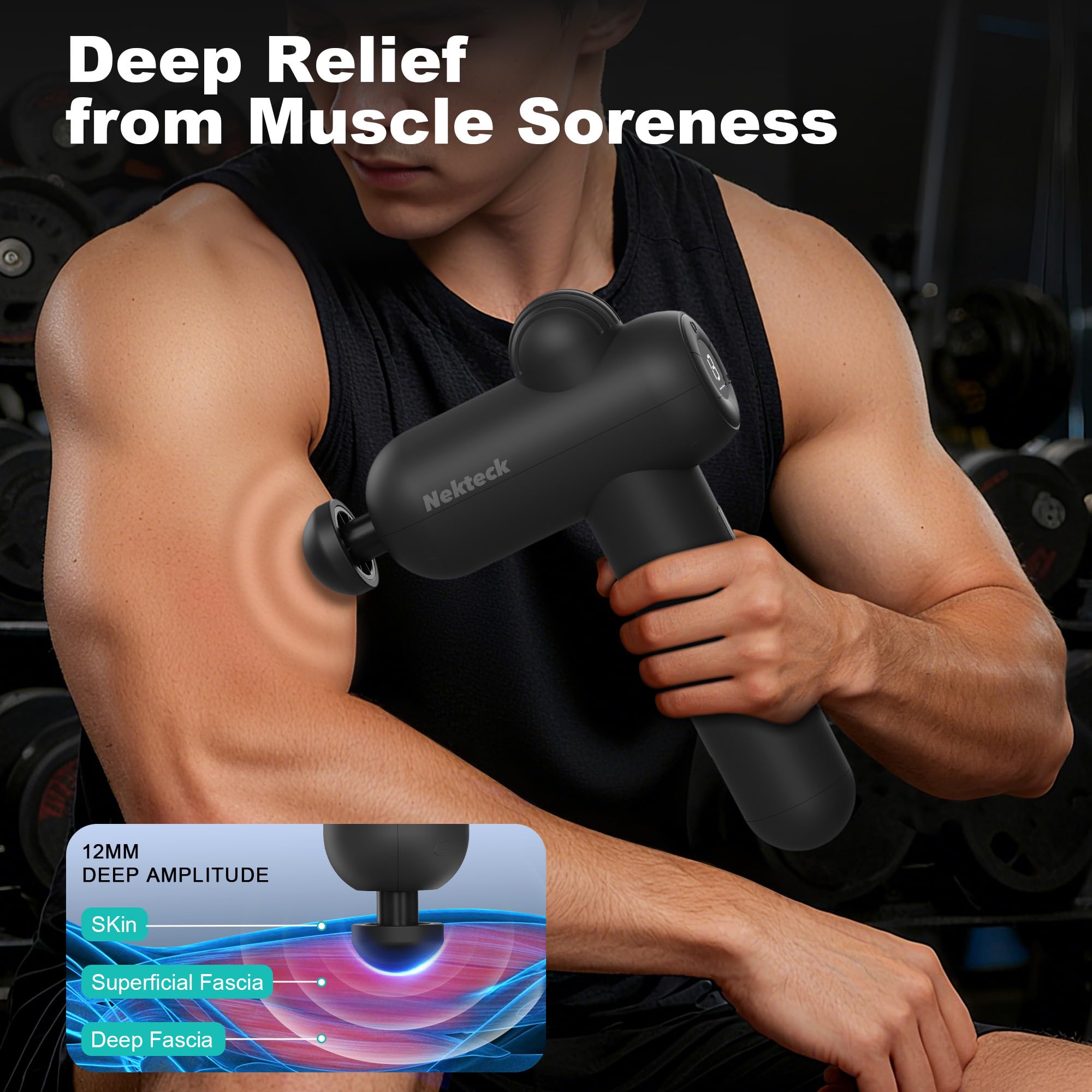 Nekteck Massage Gun Deep Tissue - 12mm Amplitude, 30 Speeds, Full-Body Muscle Relaxation Device with 5-Head for Pain Relief, Quiet USB-C Rechargeable Percussion Muscle Massager for Home Office Travel