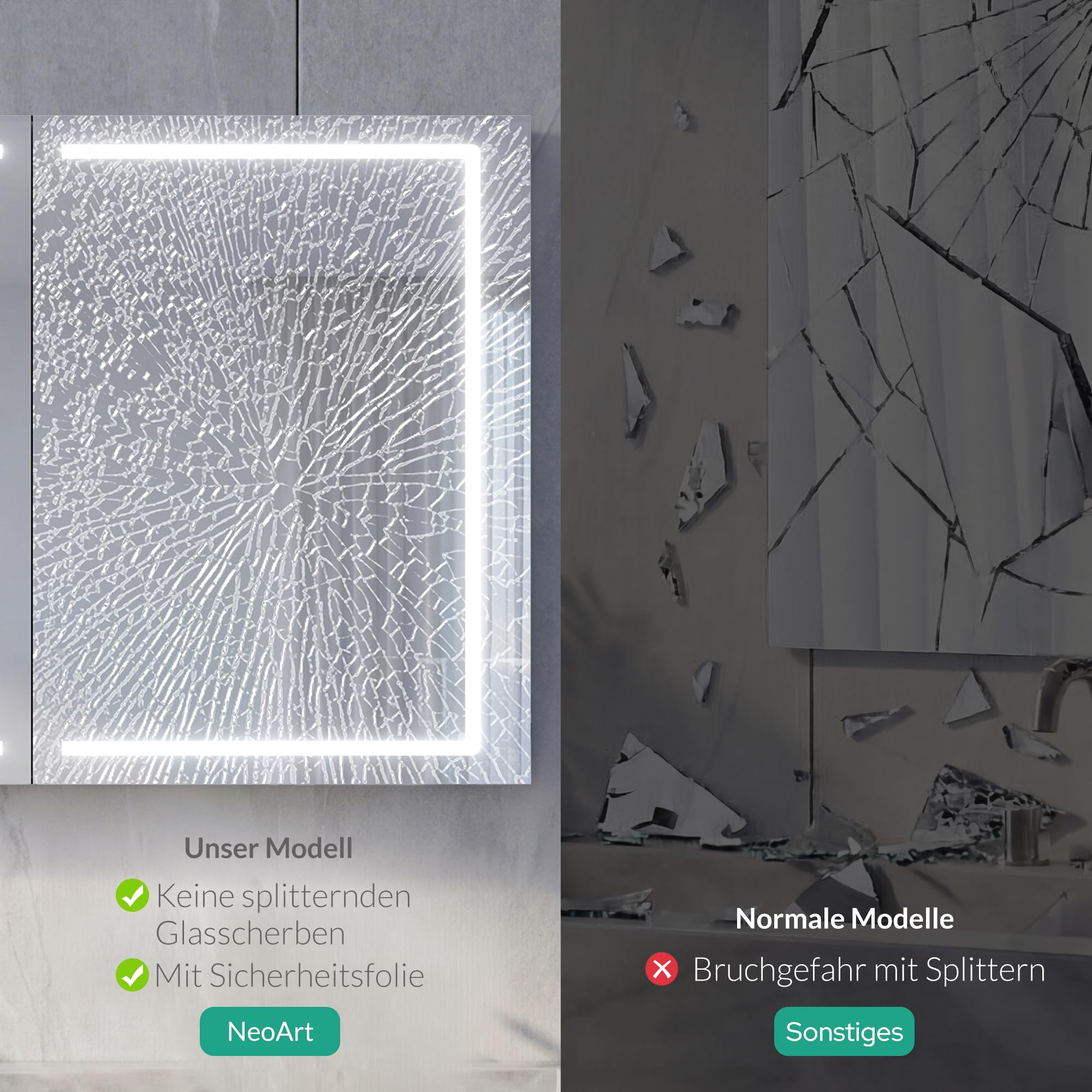 Spiegelschrank Bad mit Beleuchtung Vormontiert 60x70x14cm Steingrau