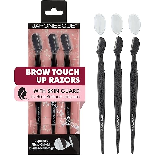 Japonesque Brow Touch Up Razors with Ultra-Sharp Stainless Steel Blades, for Removal of Unwanted Facial Hair and Peach Fuzz, Protective Blade Cover for Safe Storage Included