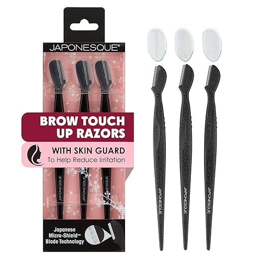 Japonesque Brow Touch Up Razors with Ultra-Sharp Stainless Steel Blades, for Unwanted Facial Hair and Peach Fuzz Removal, Includes Protective Cover for Safe Storage