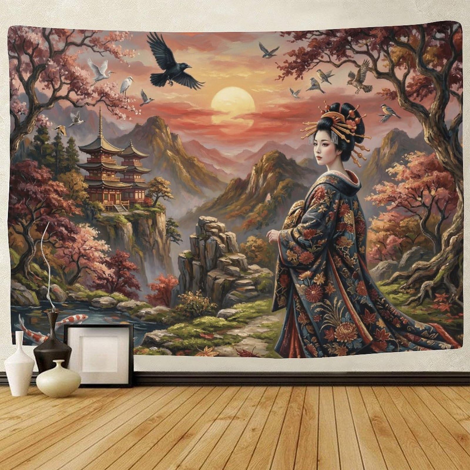 GPMNBCXZK Japanese Geisha Elegant 3D Printed Wall Art Sunset Bedroom Living Room Dorm Decorative Tapestry 130cmx150cm