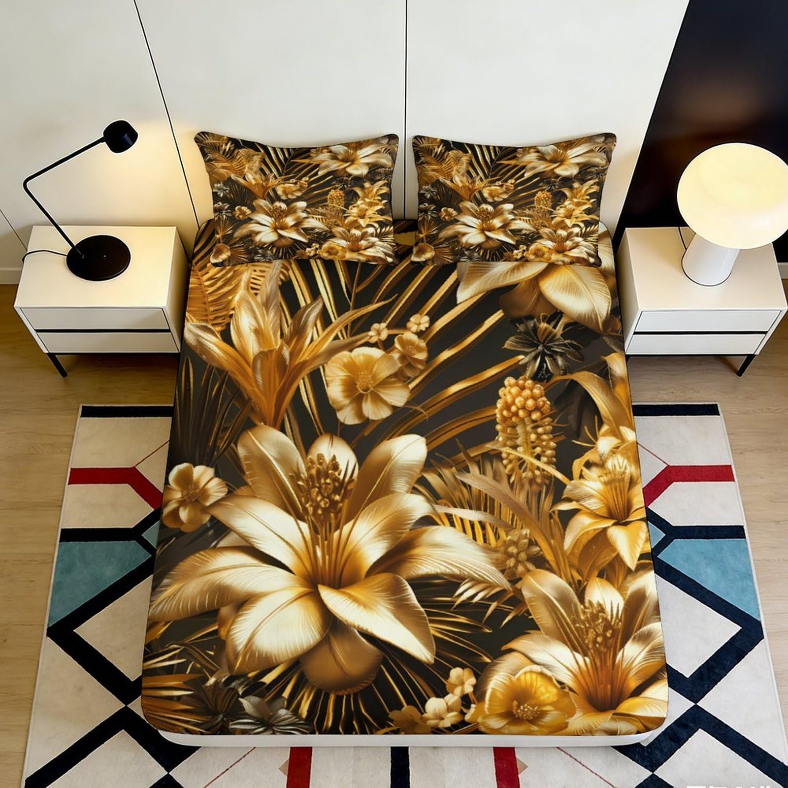Jwndfkpvxzgl Style-2 3D Printed Golden Floral Fitted Sheet Microfiber Soft Anti-Slip Exotic Botanical Mattress Cover Bedroom Guest Room Decor 90X200x25cm