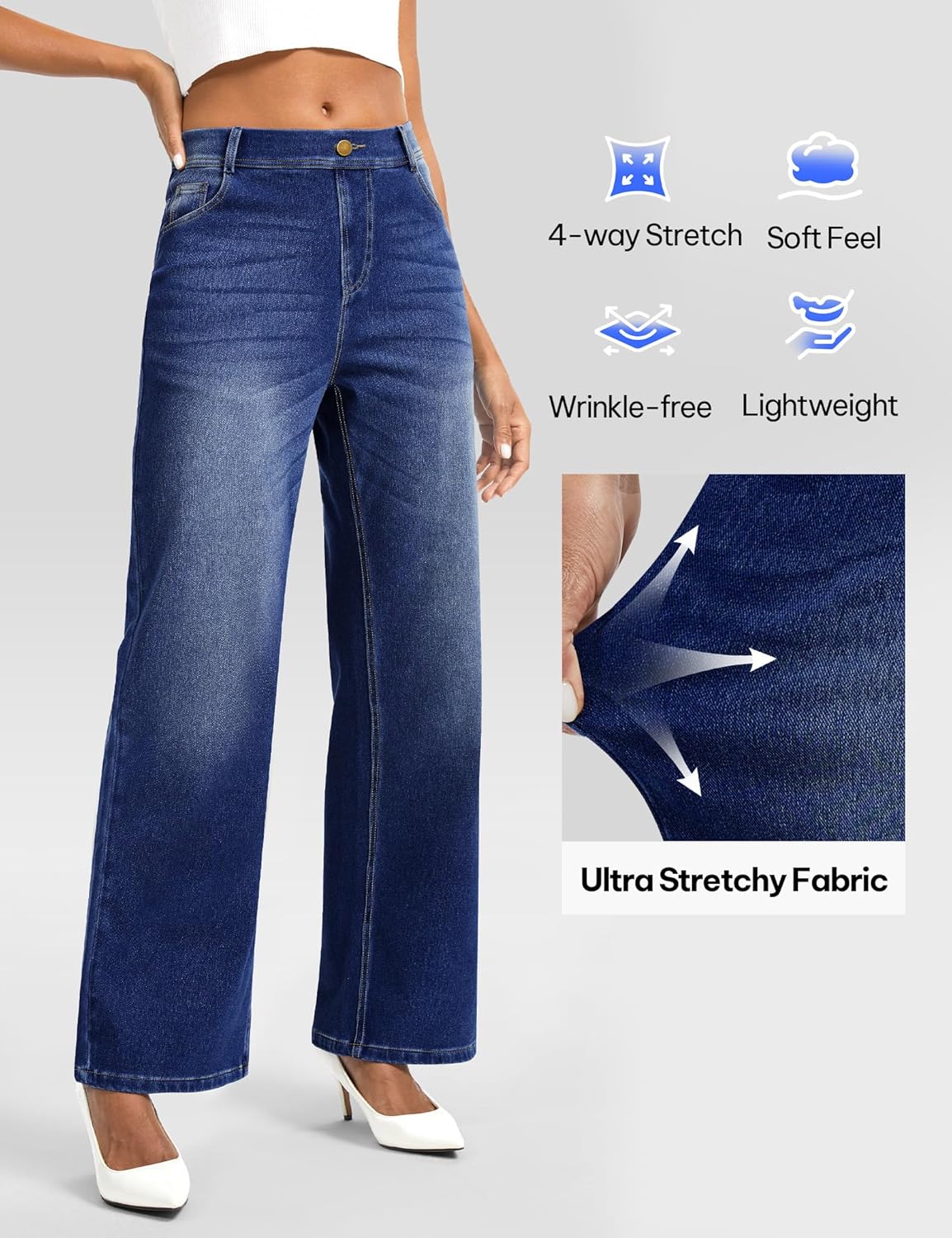 AVAMO Wide Leg Jeans Woman Stretchy Pull on Sweatpant Jeans for Women Elastic High Waisted Straight Leg Baggy Denim Pants