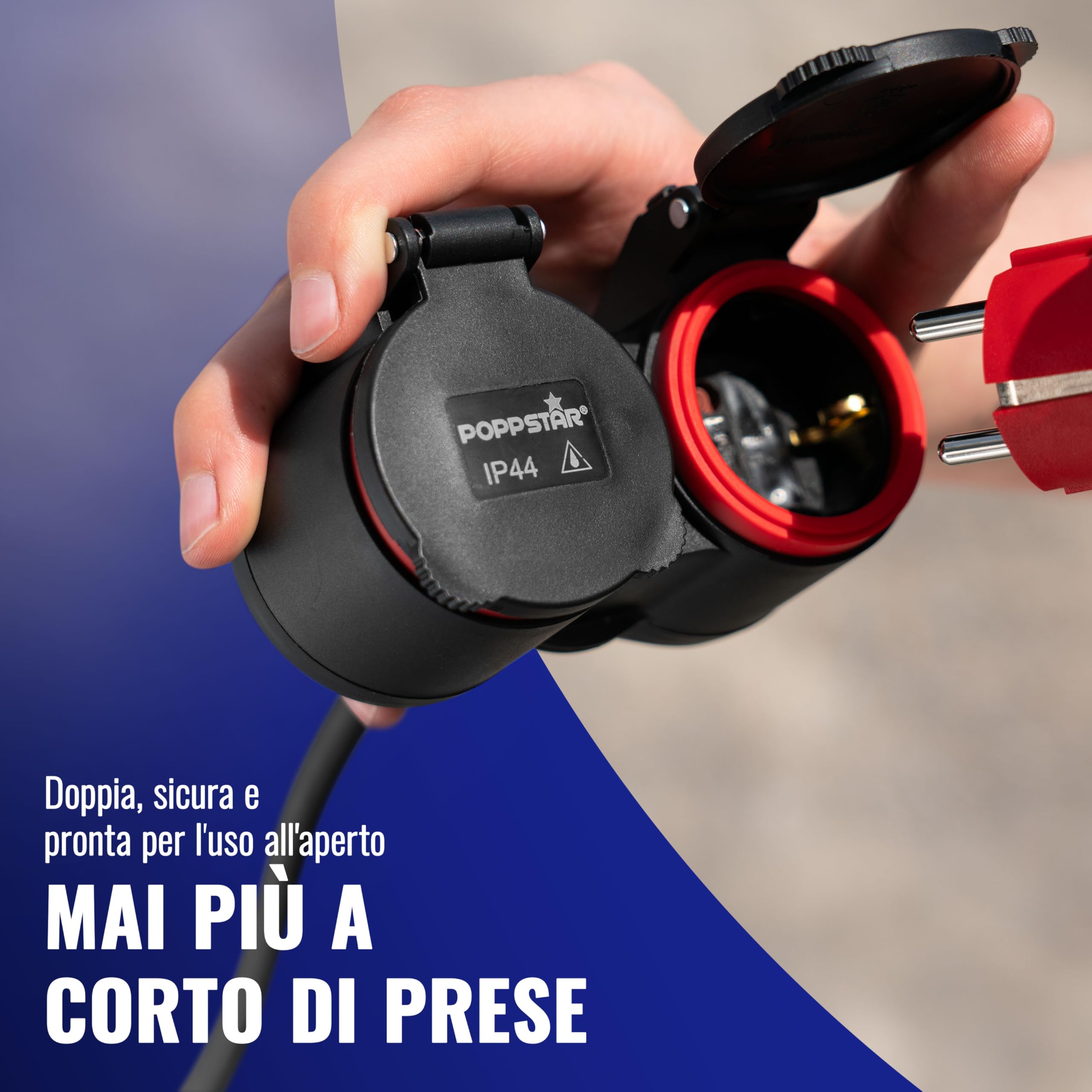 Poppstar Prolunga per esterno 20 m (2 prese Schuko, IP44, 16A/3680W, H05RR-F 3G1.5), nero/rosso