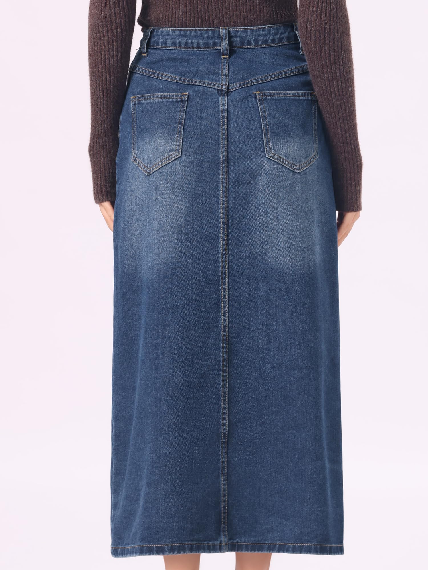 Allegra K Femme Jupe Longue en Jean Boutonnée Coupe Droite | Taille Haute Ourlet Droit Boutonnage Intégral Poches Obliques Coutures Verticales Denim Délavé Style Western