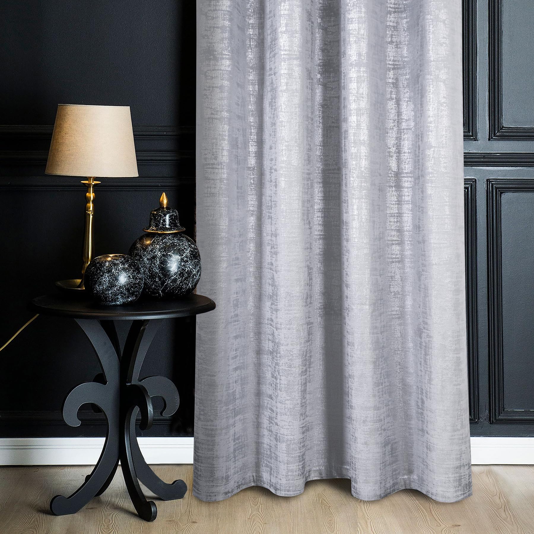 always4u Vorhänge Blickdicht 100% Verdunklungsvorhänge, Thermovorhang Hitzeschutz mit Ösen, Elegant Samtvorhänge mit Silberdruck für Schlafzimmer Wohnzimmer, Silber, 2er Set 140×245cm