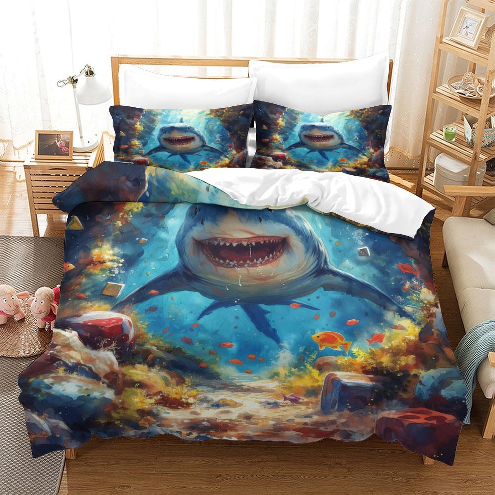 Parure de lit requin 140x200cm housse de couette microfibre respirante lit simple 3 pièces