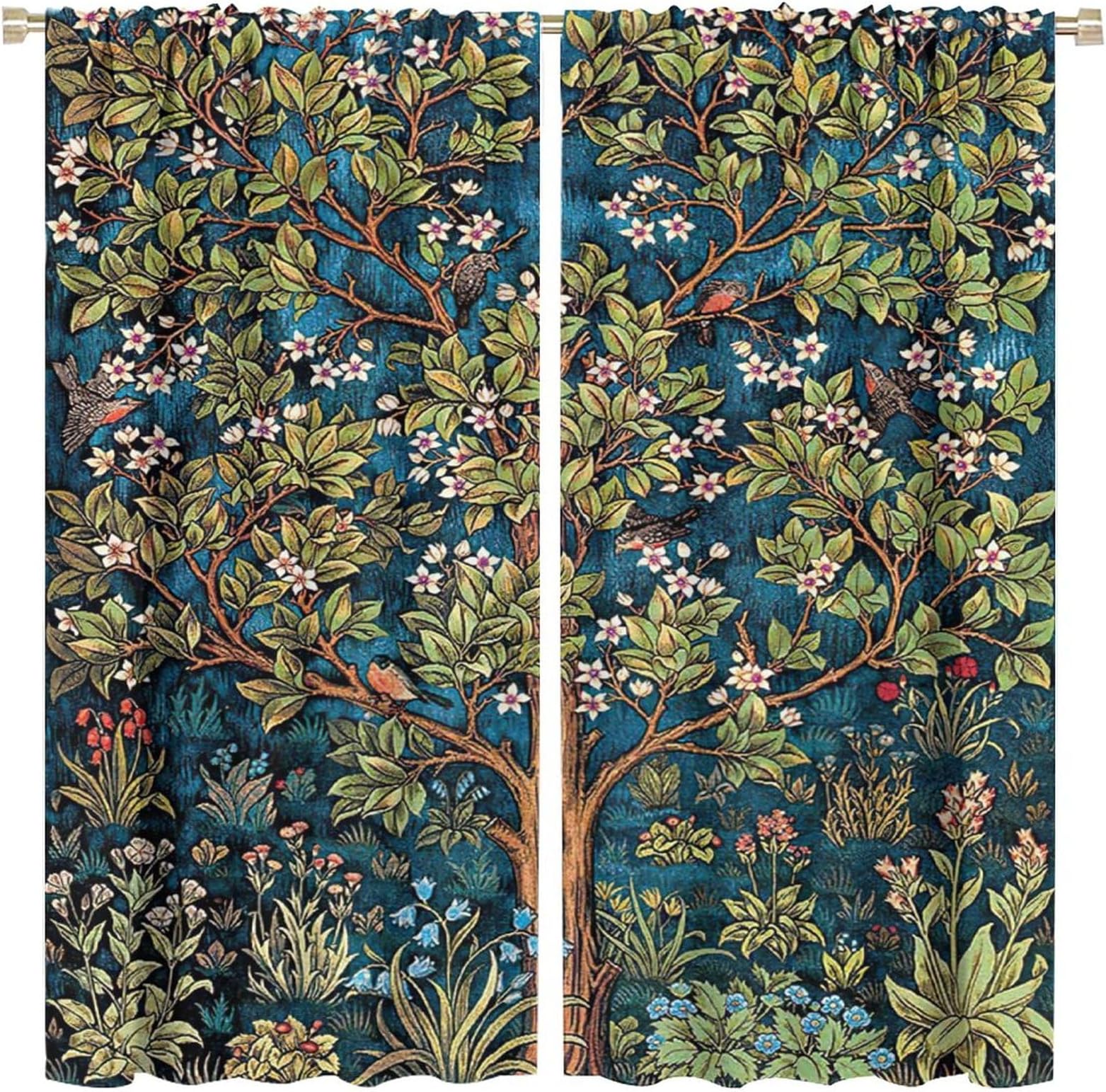 William Morris Curtains,Retro Woodpecker Floral Flowers Print Window Drapes for Woman Living Room Bedroom Decoration Thermal Insulated Curtains for Home Decor,2 Panels,52x84 Inch Decor