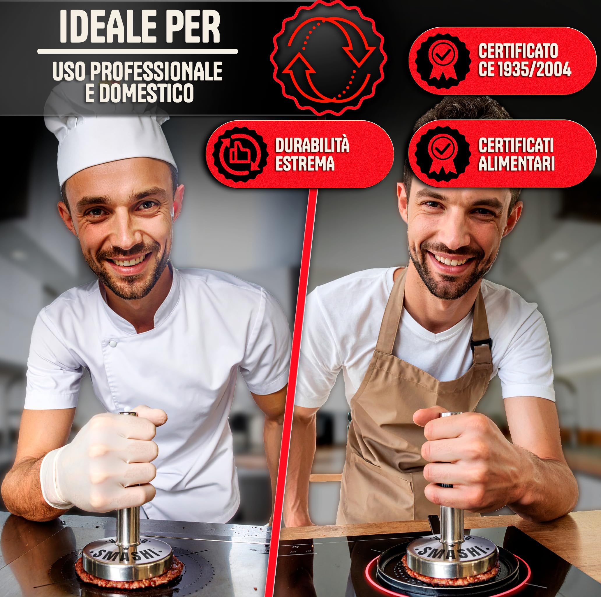 SMASHI® Pressa per Hamburger Pieghevole in Acciaio Inox 304 + 20 Fogli Antiaderenti – Smash Burger Kit Professionale – Pressa Manuale per Hamburger (Smash Burger Press Martello)