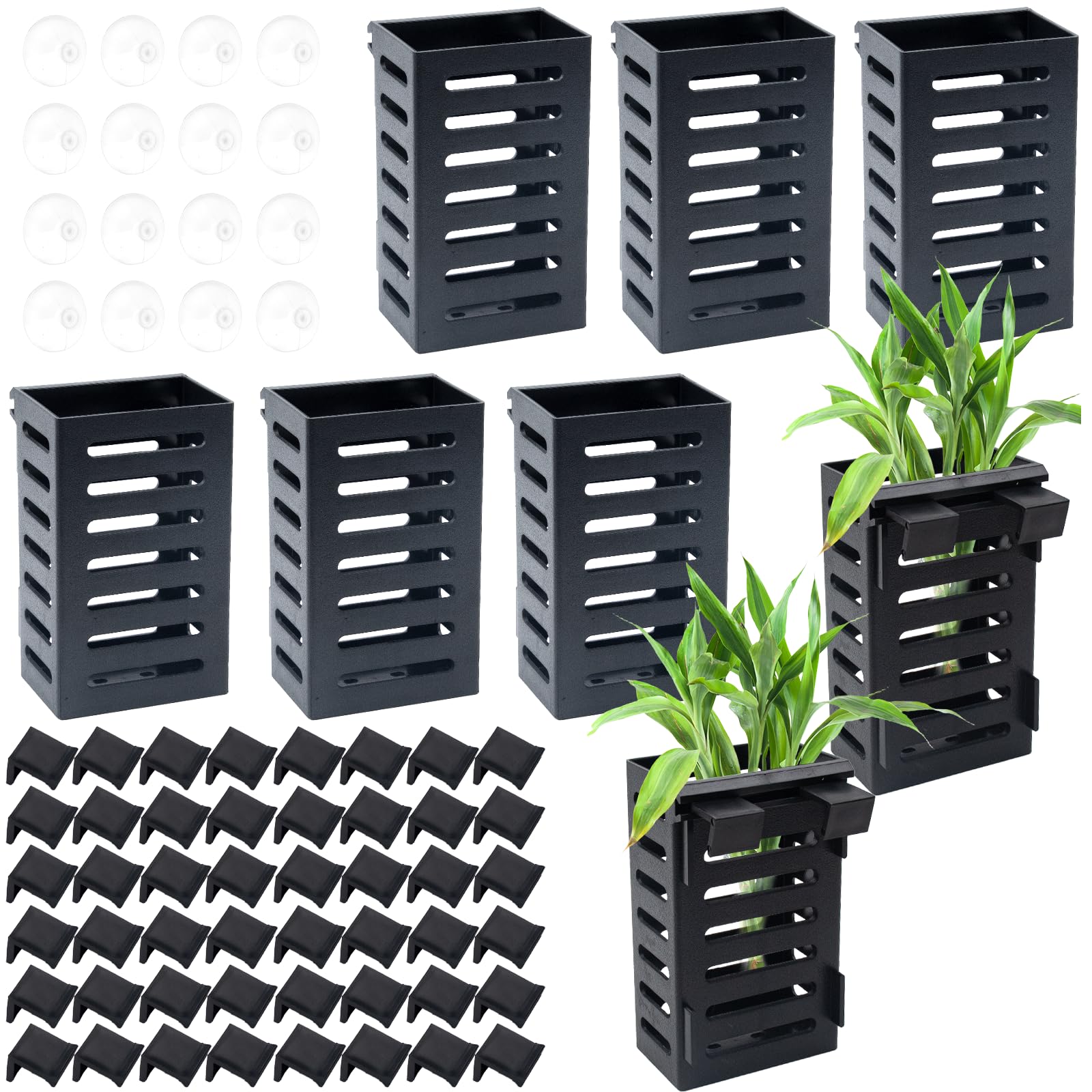 Aquarium Pflanzenhalter Set, 8 Kunststofftöpfe mit 48 Haken und 32 Saugnäpfen, für lebende Pflanzen und Aquariumdekorationen