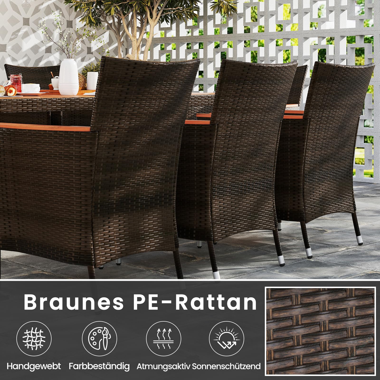 SOARS Gartenmöbel Set 8 Personen Rattan, Gartengarnitur mit Akazienholz Gartentisch, Schimloch & Stapelbare Stühle inkl. Kissen, Garten Sitzgruppe Essgruppe für Innen & Außen