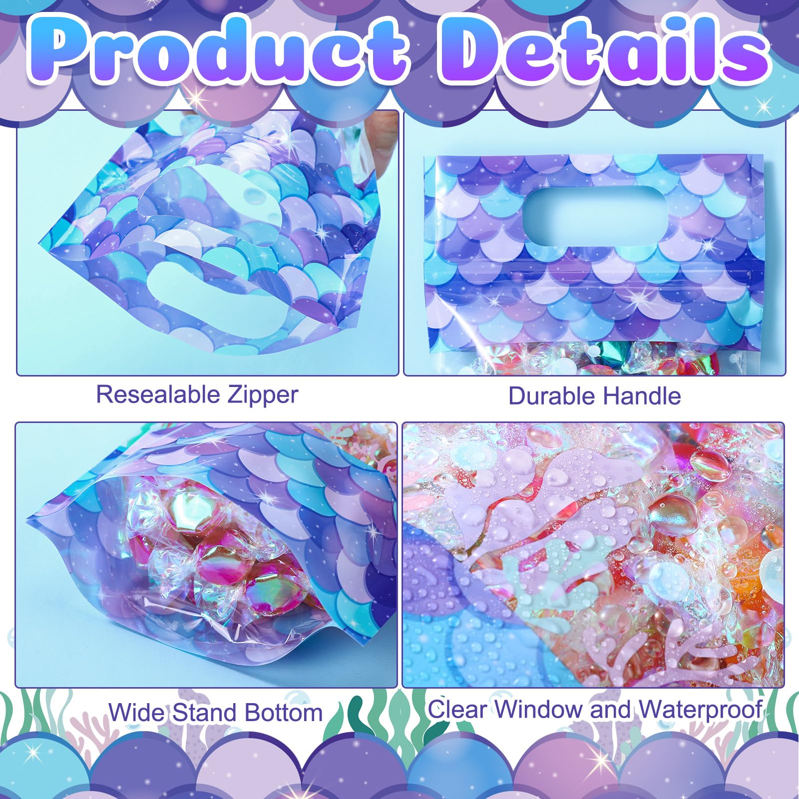 Sweetude 50 Pcs Mermaid Gift Bags Double-sided Print Plastic Bags with Handles Resealable Theme Sealed Pouch for Birthday Baby Shower Candy Gift Wrapping Supplies Decor (Mermaid)