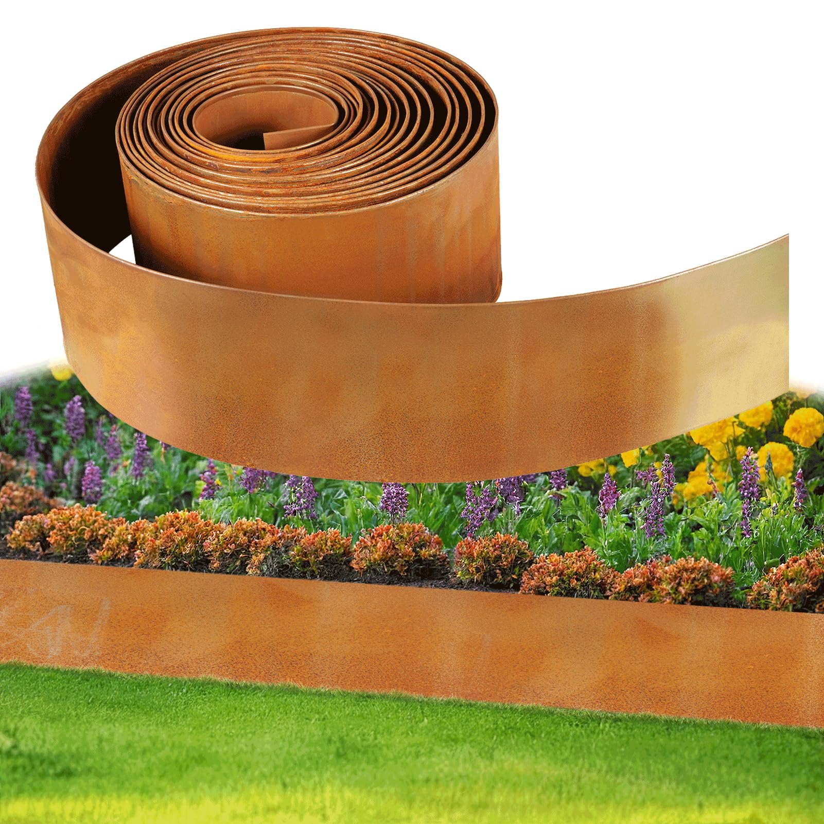Borde de metal para césped, 10 m × 15 cm, borde de césped de hierro galvanizado con aspecto de corten, fácil montaje, diseño robusto Stay-in-Place, para cercado, empalizada de jardín, aspecto oxidado