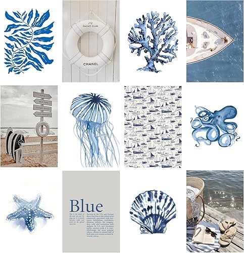 Miniatura 3 de Arte de pared de surf costero de playa, juego de 50 pósteres e impresiones de collage sin marco, decoración de pared de playa retro azul, decoración
