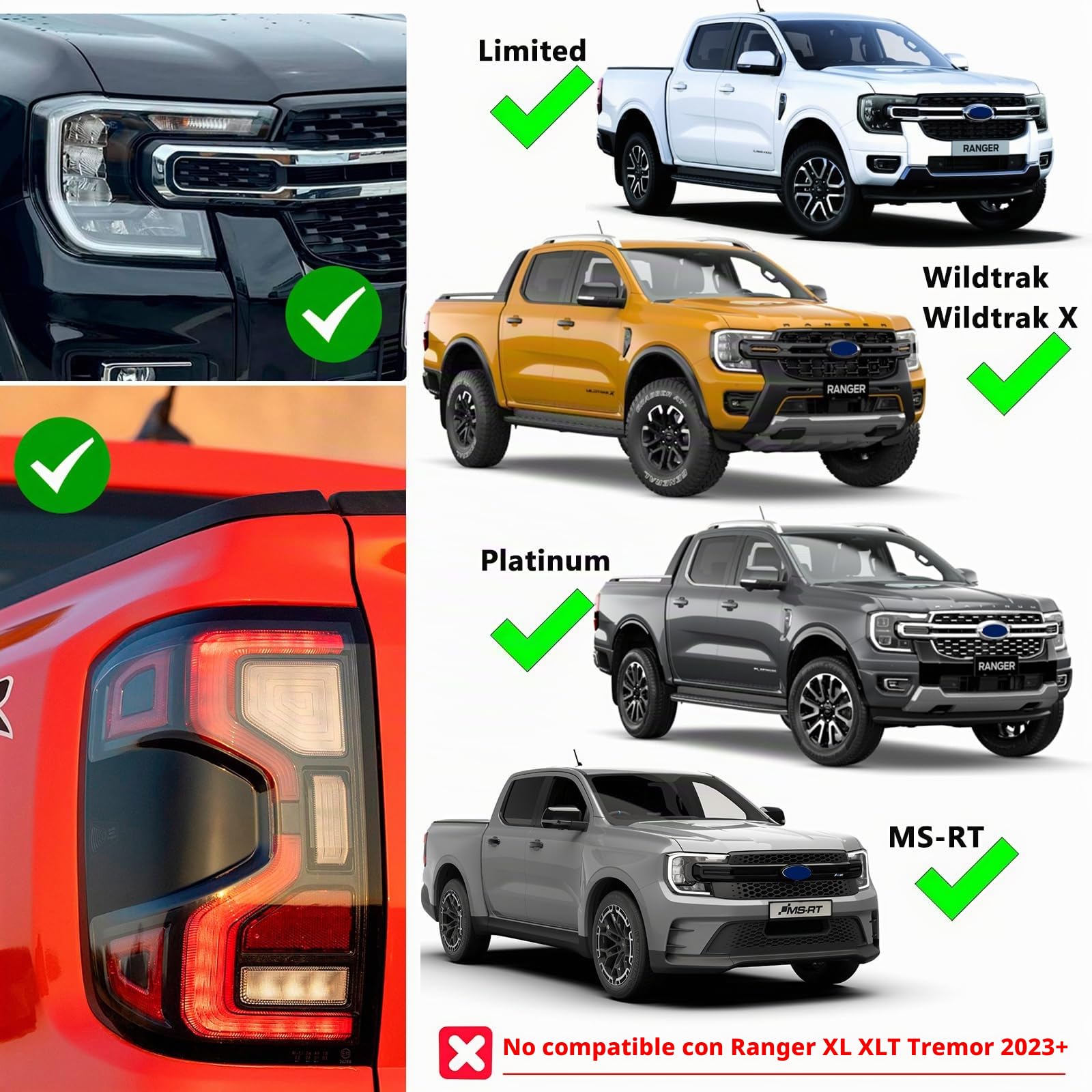 Cubierta de faros delanteros y Cubierta de luz trasera para Ford Ranger 2023-2024-2025 T9 Wildtrak Raptor Wildtrak X Limited Platinum