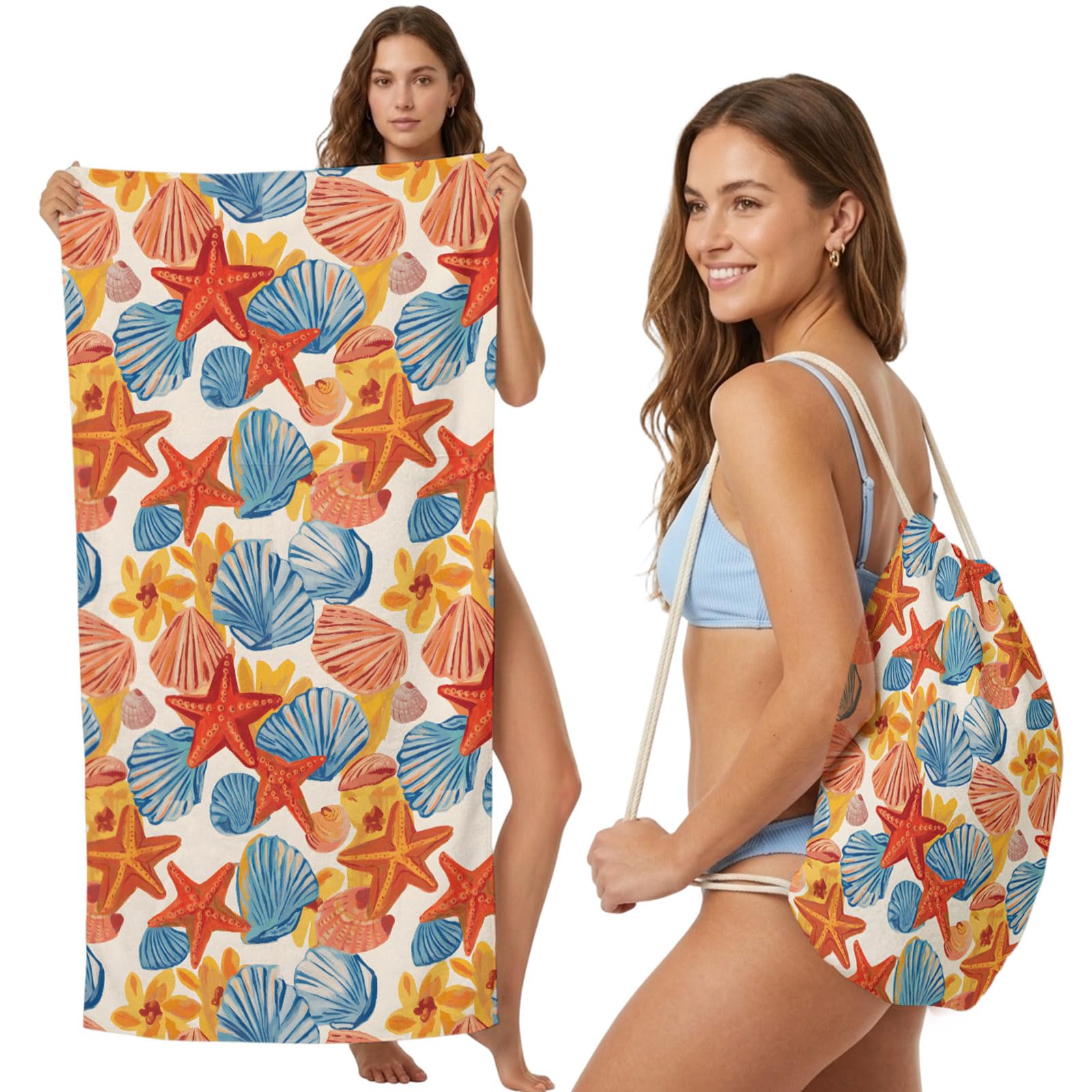 Beach Towel Backpack, Summer Ocean Starfish Shell Conch 2-in-1 Foldable Soft Microfiber Quick Dry Beach Towel 31.5x63in Watercolor Marine Life Lightweight Pool Towels Bag for Travel, Yoga, Gym