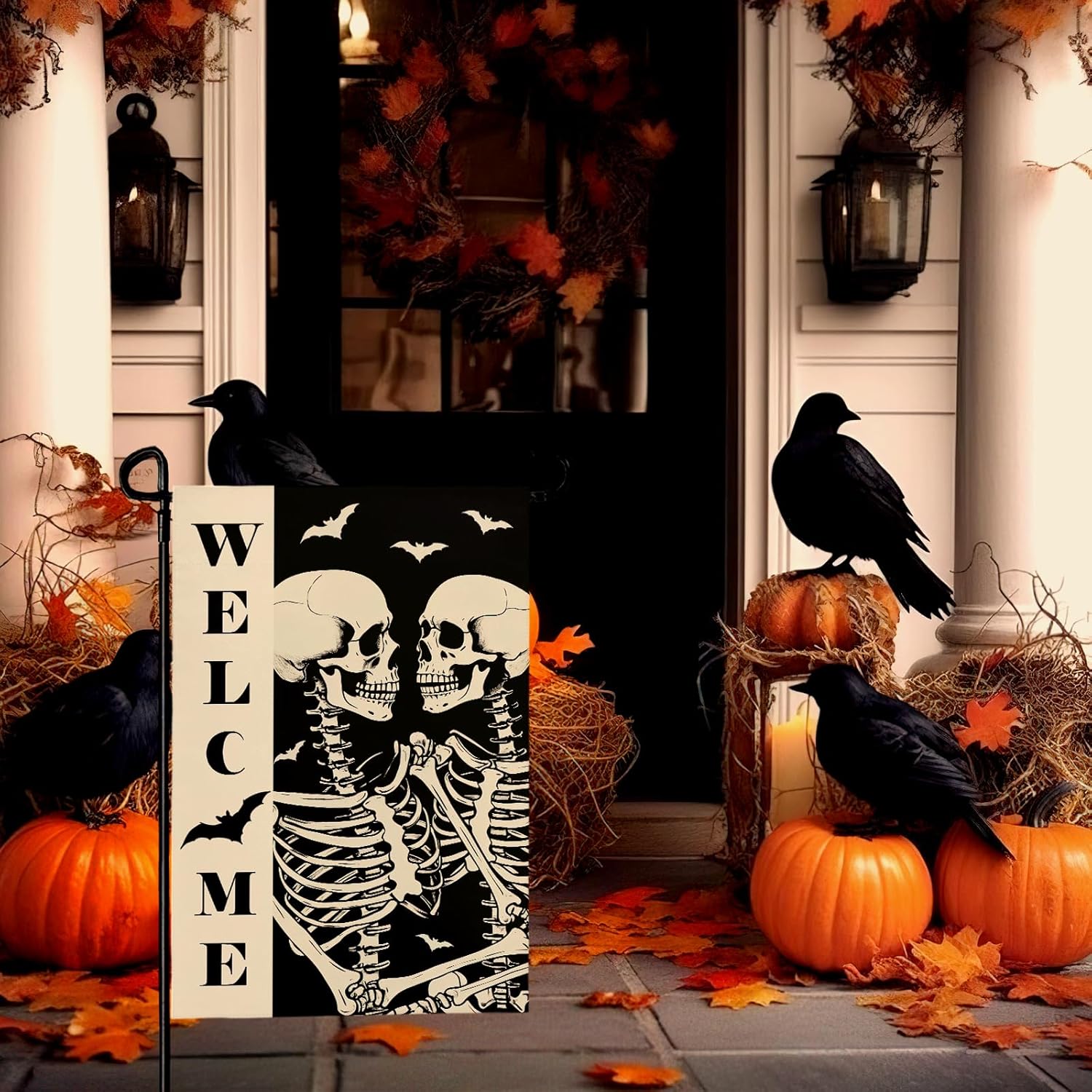 Halloween Welcome Skull Garden Flag Spooky Skeletons Funny Black White Yard Garden Flags Double Sided for Outside Fall Porch Patio Farmhouse Outdoor Decorations 12 x 18 Inch - Image 5