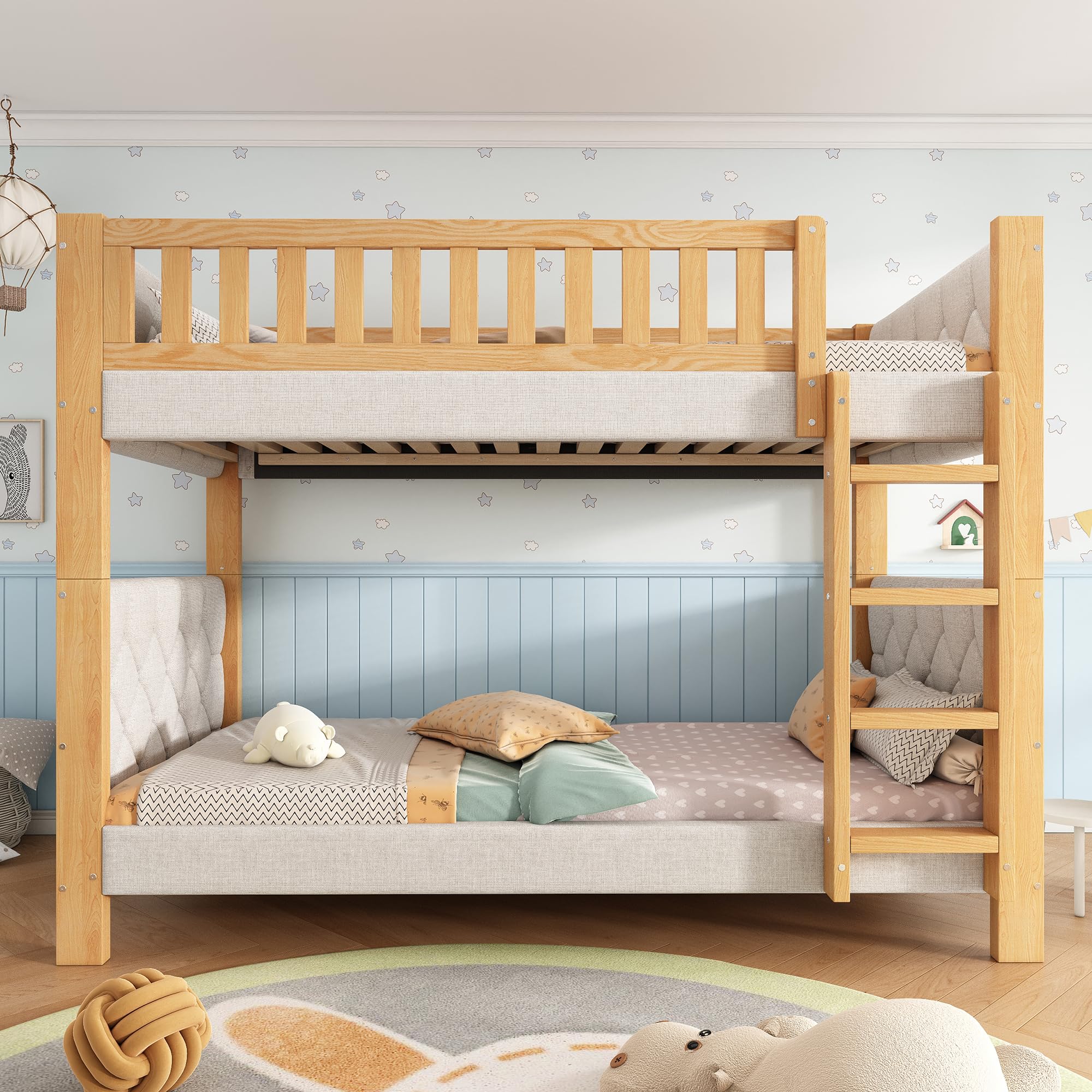 Etagenbett 90x200cm, Kinderbett mit Weiche Antikollisions-Schwammkante und Vierstufige Gerade Treppe, Stabile Lattenroste, Kautschukholz+MDF, Grau+Natur,Ohne Matratze