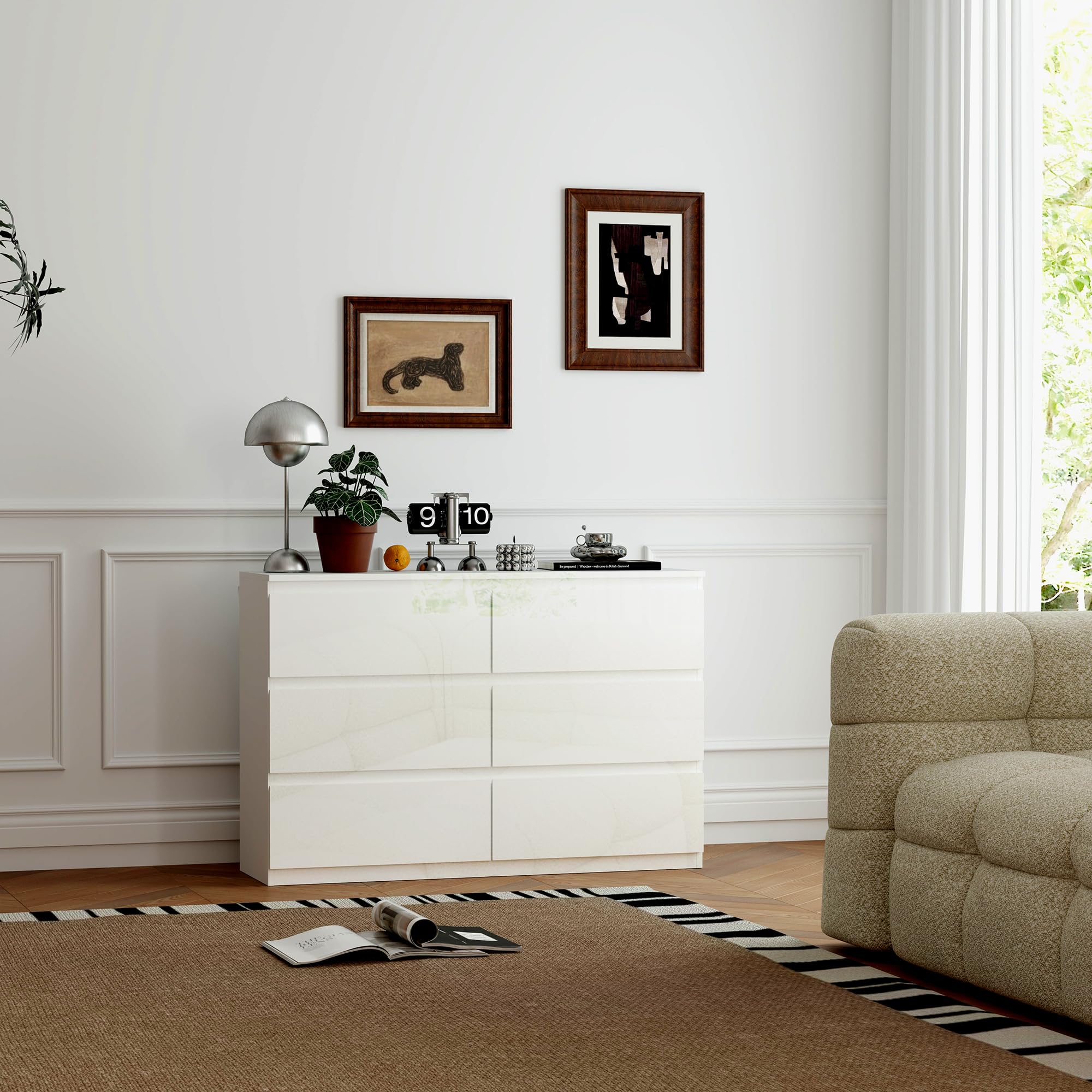 HOMCOM Cómoda con 6 Cajones Cómoda de Dormitorio Moderno con Diseño Anti-vuelco Cajonera para Salón Pasillo 112x34x75 cm Blanco Brillo