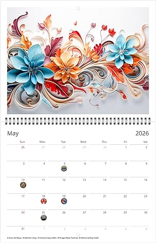 Miniatura 9 de Calendario de pared 2026 con gracia floral - Elegante floración con vacaciones (clásico de plegado medio, grande de 11 x 17 pulgadas)