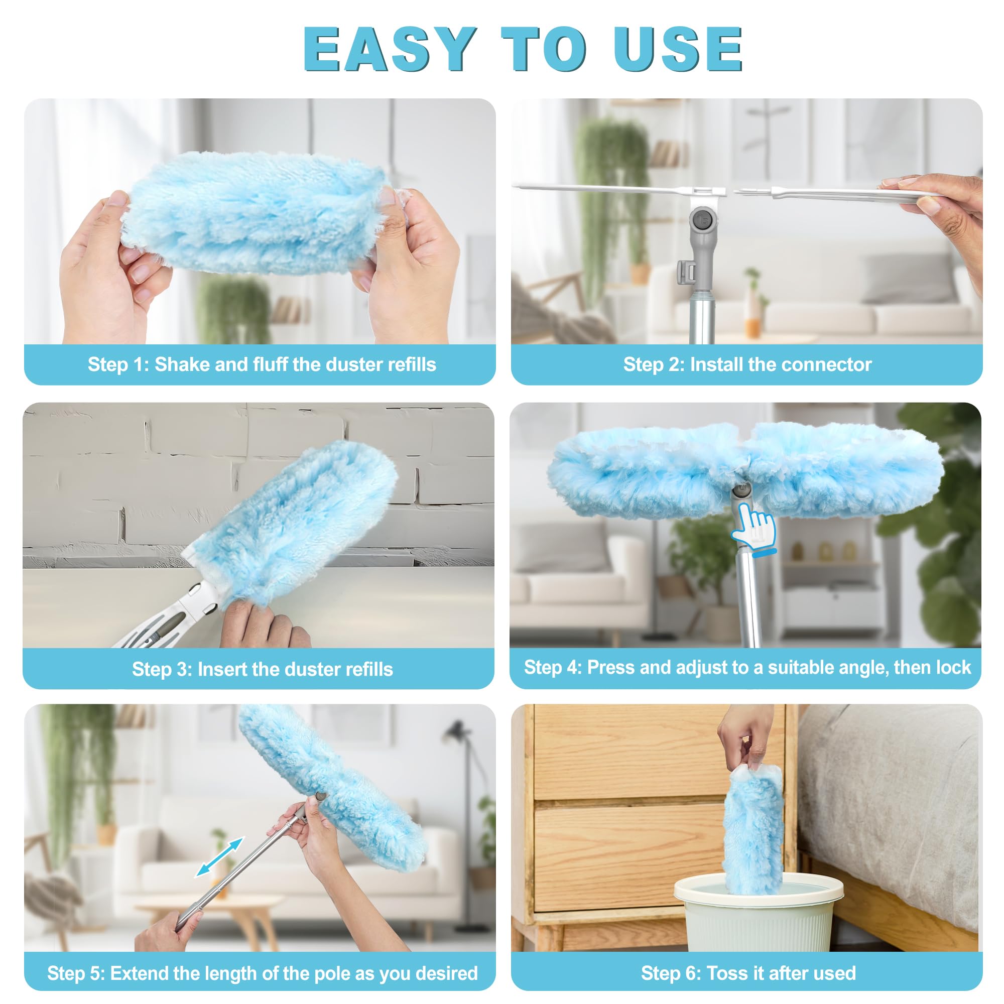 JEHONN Spolverino per Polvere 10 Ricariche Compatibile con Swiffer Bastone, 180 cm Togli Ragnatele Allungabile Resistente Kit Iniziale per Soffitto Ragnatela Ventilatore Tenda Mensole Finestra