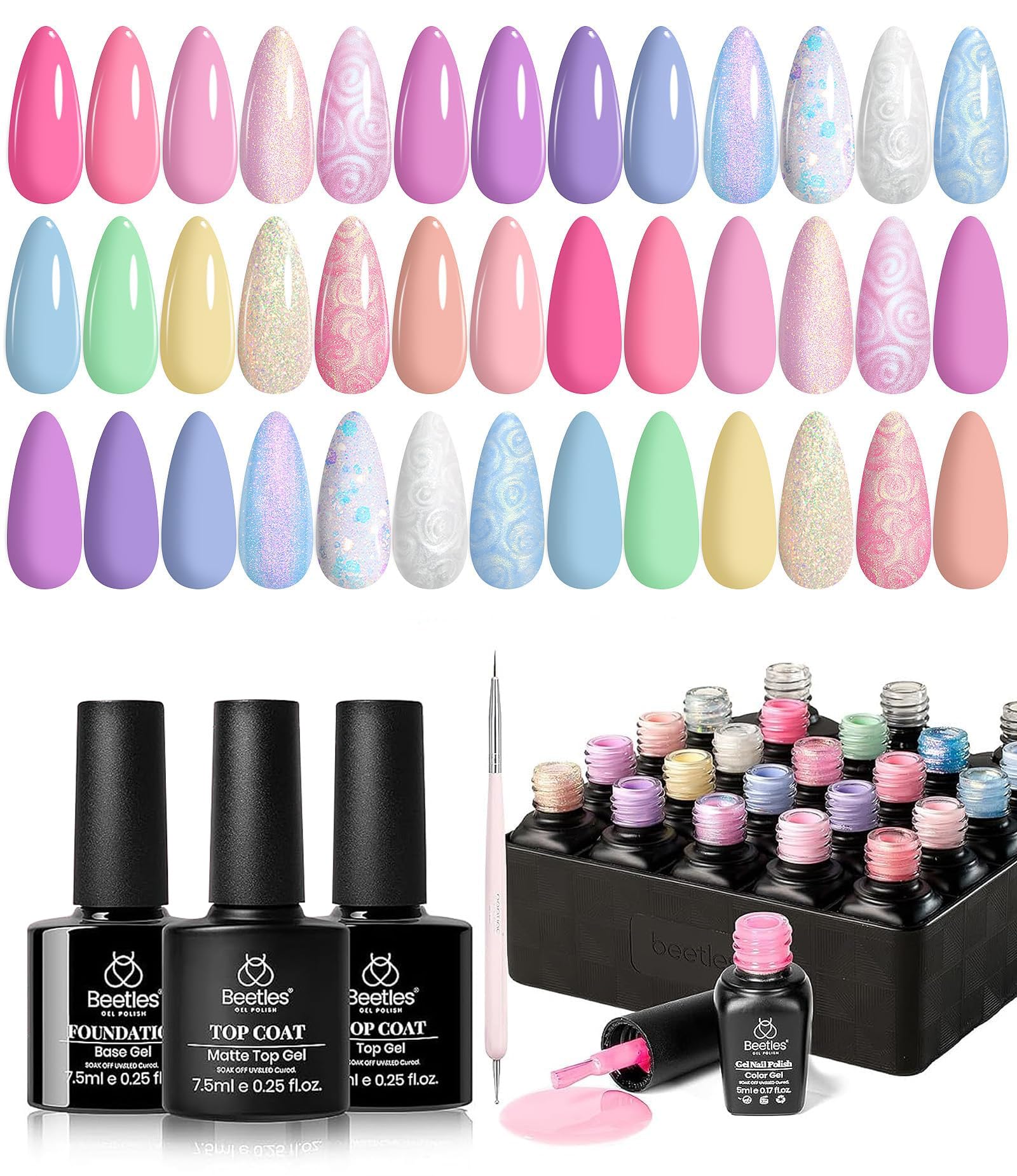 Beetles Gel Nail Polish Set, 24 PCS 20 Colors Pastel Macaron Gel Polish Kit, Pink Purple Blue Green Shimmer Nail Gel with Base Coat, Glossy Matte Top Coat, Double-Ended Brush, Soak Off UV LED