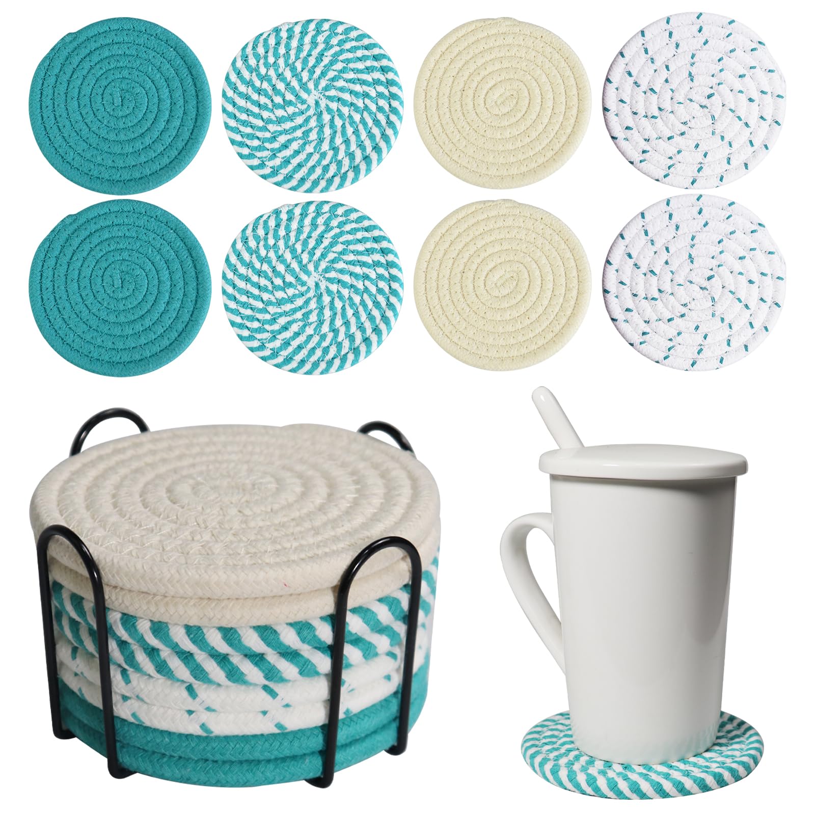 Cglrybo Women's Green-1 6/8 Pcs Vintage Round Woven Coasters，Absorbent & Heat-Resistant For Home Coffee Table Desk Cups Tabletop Protection，Boho Decor For Living Room, Birthday Gifts For