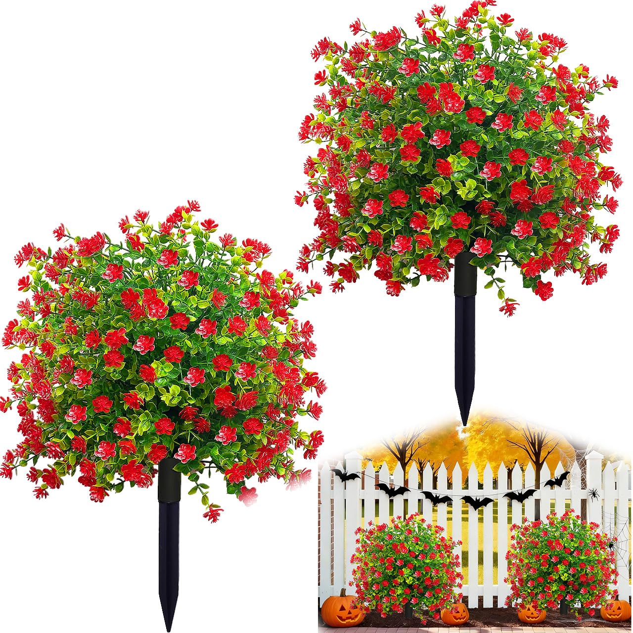 Fall Boxwood Topiary Ball Tree Artificial Outdoor Plants Set of 2, Faux Shrubs Topiary Ball with Flowers, UV Resistant Fake Evergreen Tree with Ground Spike for Potted,Front, Balcony,Garden,-23.7”