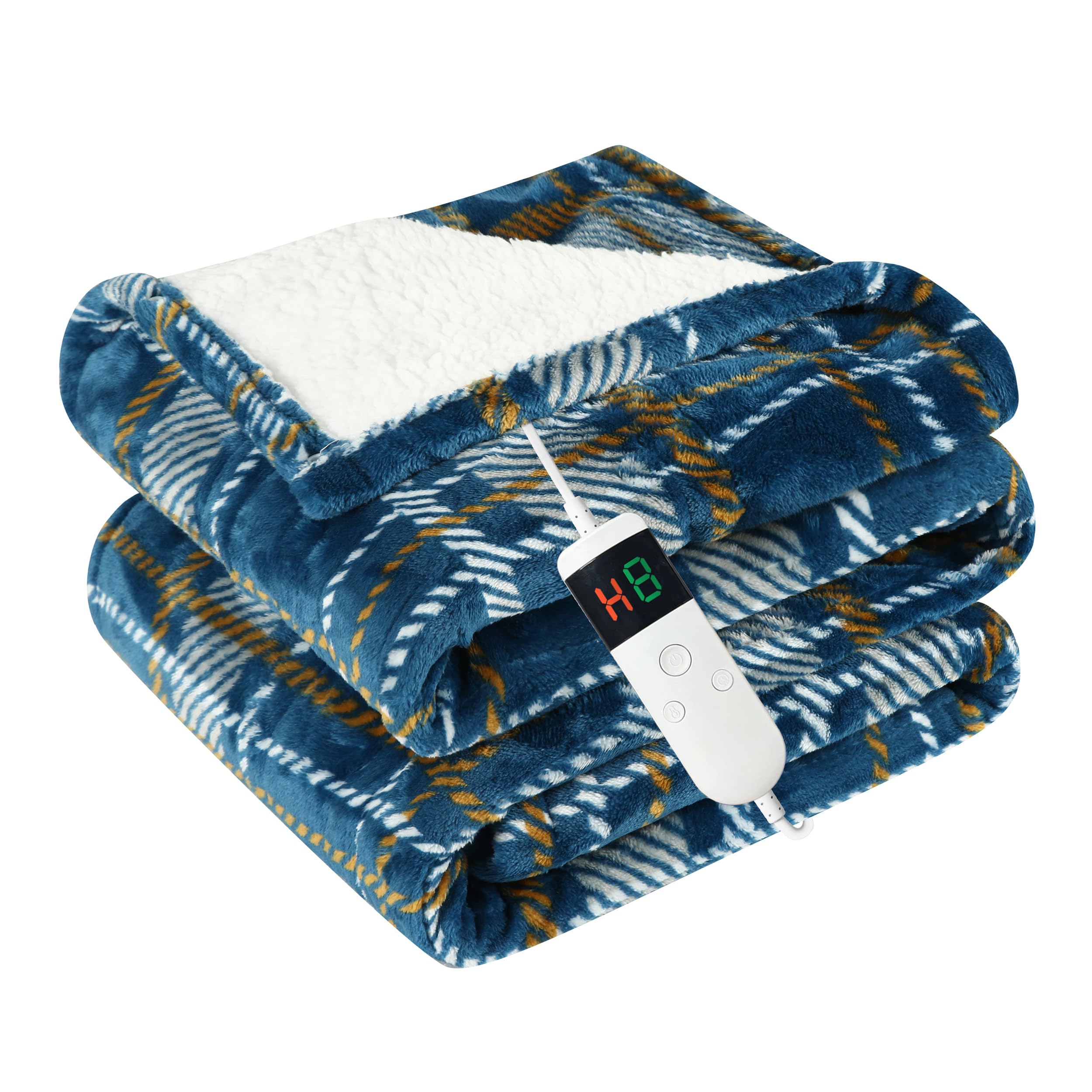 Heated Throw Blanket, Electric, 10 Heating Levels, 8 Hour Auto Off, Machine Washable, Sherpa Fleece, Blue, Throw (8 inches by 13 inches)