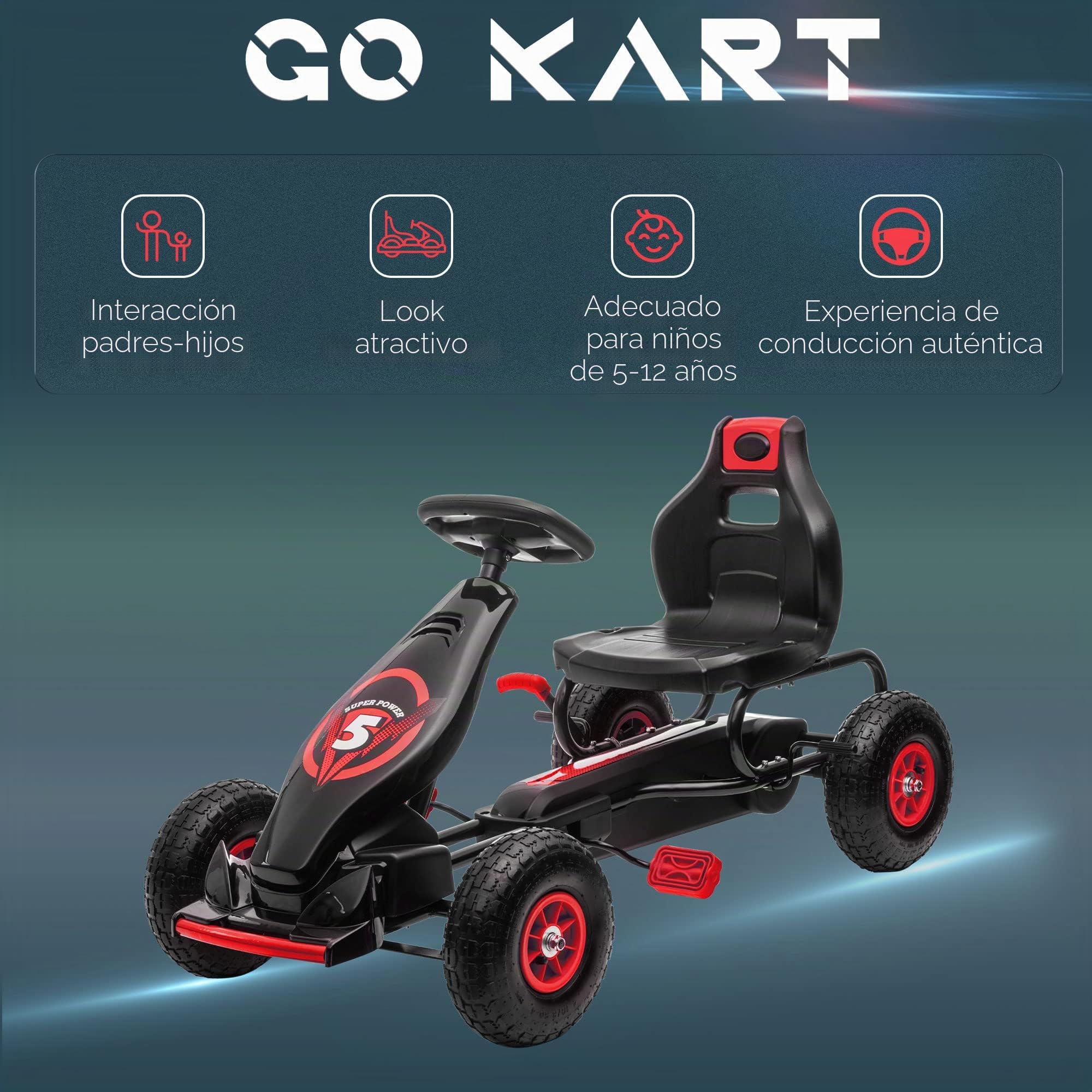 HOMCOM Go Kart a Pedali per Bambini 5-12 Anni con Sedile Regolabile, 50 kg Portata, Veicolo a Pedali per Bambini con Marcia, Avanti, Retromarcia, Freno a Mano e Ruote in EVA Antiscivolo, Rosso