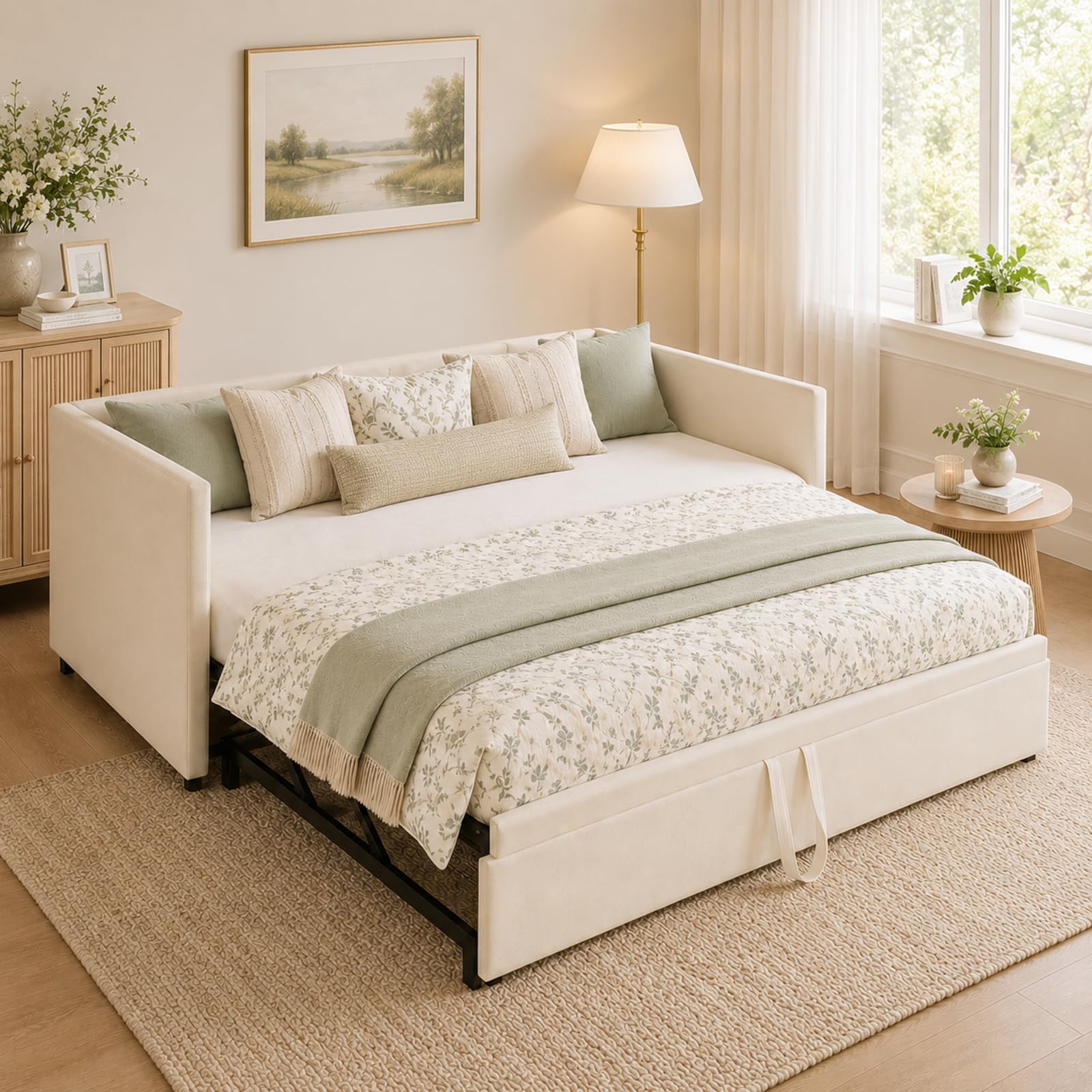 Sofá Cama Extensible 90/180 x 200 cm, sofá Cama de 2 plazas con función de Dormir y somier, Sofa Camas Nido, tapizado en Terciopelo, sin colchón (Beige)