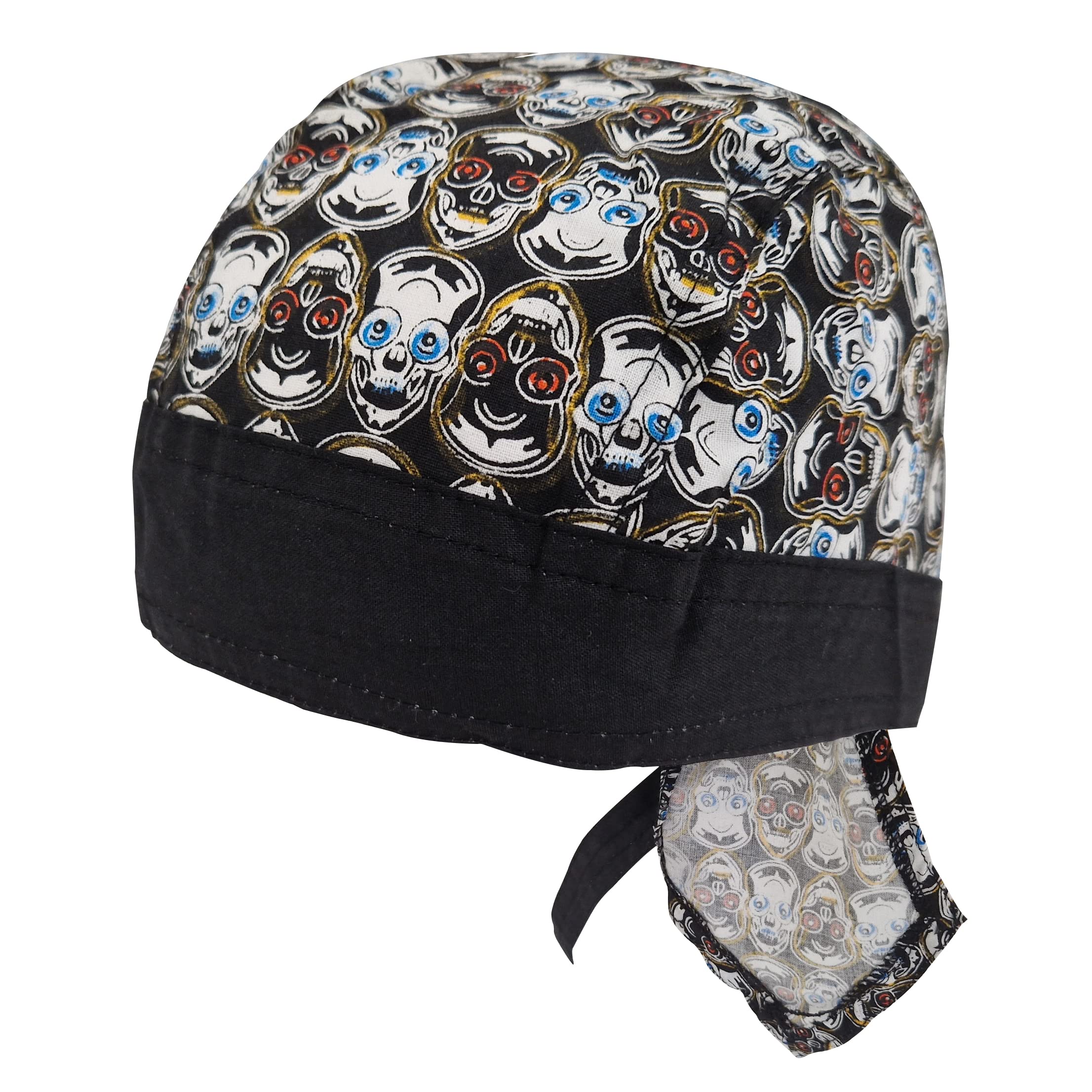 Komonee Men's Mini Skulls Zandana Black Tie Bandana Style Fitted Skull Cap Biker Pirate Durag Cotton Breathable Sports Hat