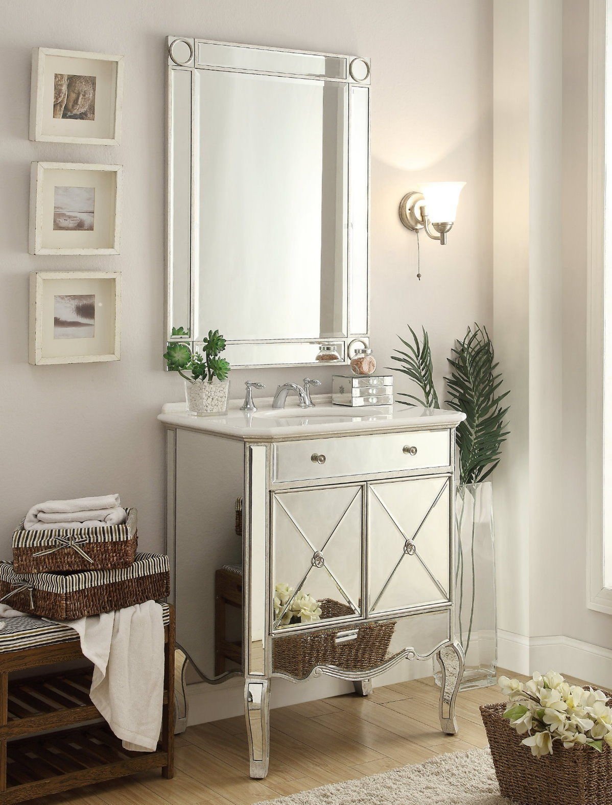 Benton Collection 30" All Mirrored Adelisa Vanity Silver w/Matching Mirror YR-506RA/MF-1002SC