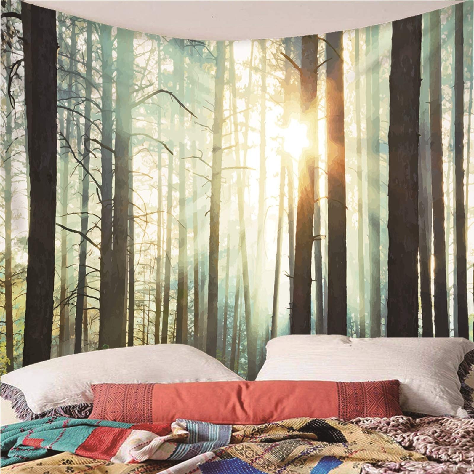 Aeici Tapiz Exterior Jardin, Tapiz Decorativo Pared Tela Bosque Y Puesta De Sol Tapiz(200X200Cm)