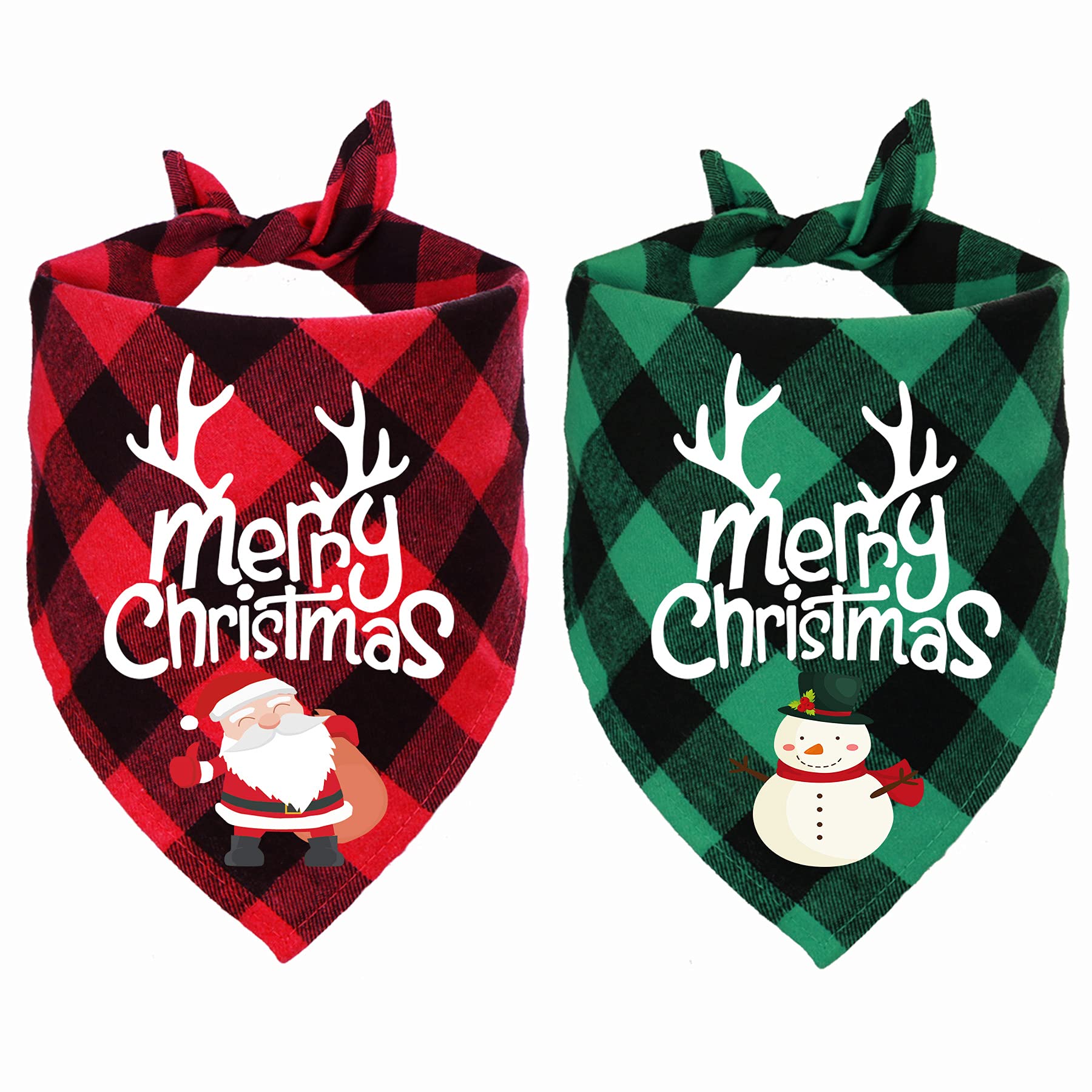 STMK 2 Pack Christmas Plaid Dog Bandanas, Merry Christmas Santa Snowman Holiday Plaid Dog Bandanas for Small Medium Dog Christmas Costume Decorations (Red & Green, Santa & Snowman)