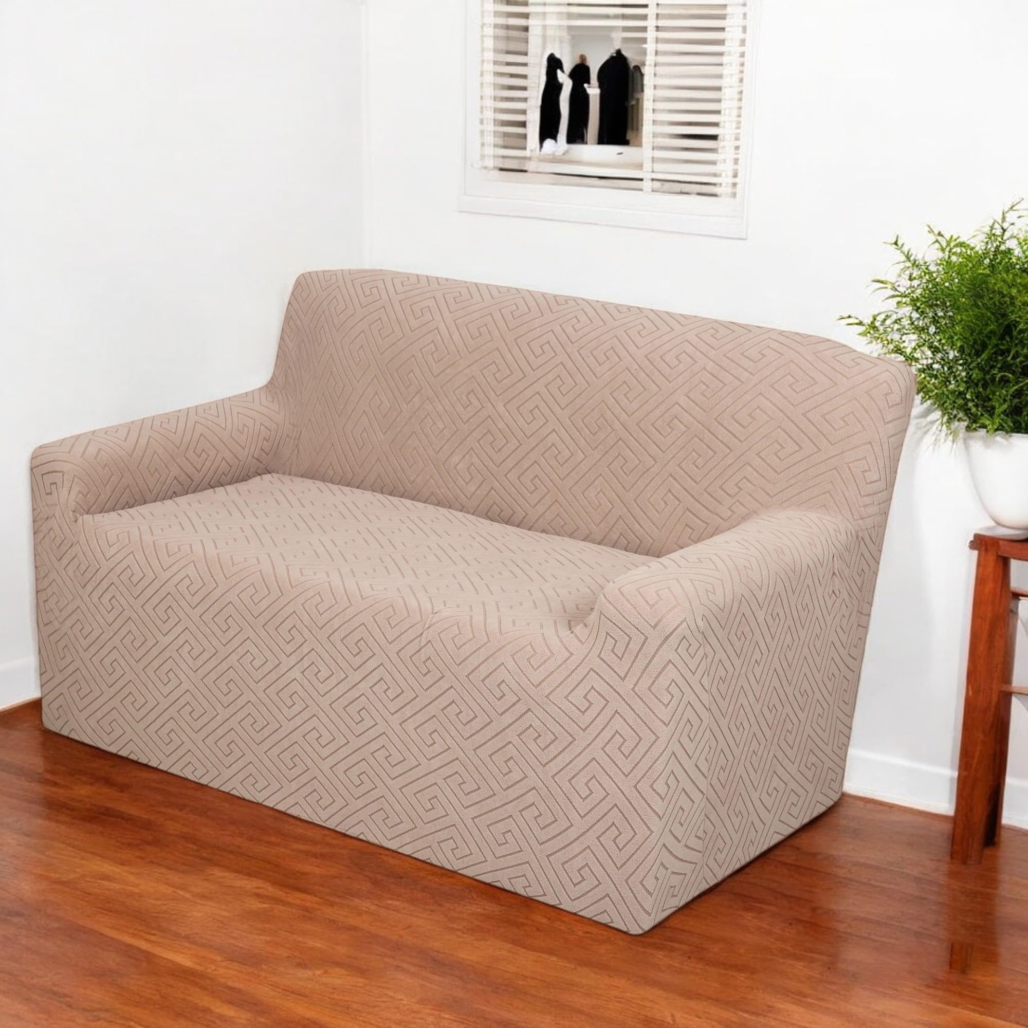 House of Quirk Universal Jacquard Fabric Sofa Cover Soft Touching Cover for Couch Flexible Stretch Sofa Slipcover (Two Seater, Camel)-image-0