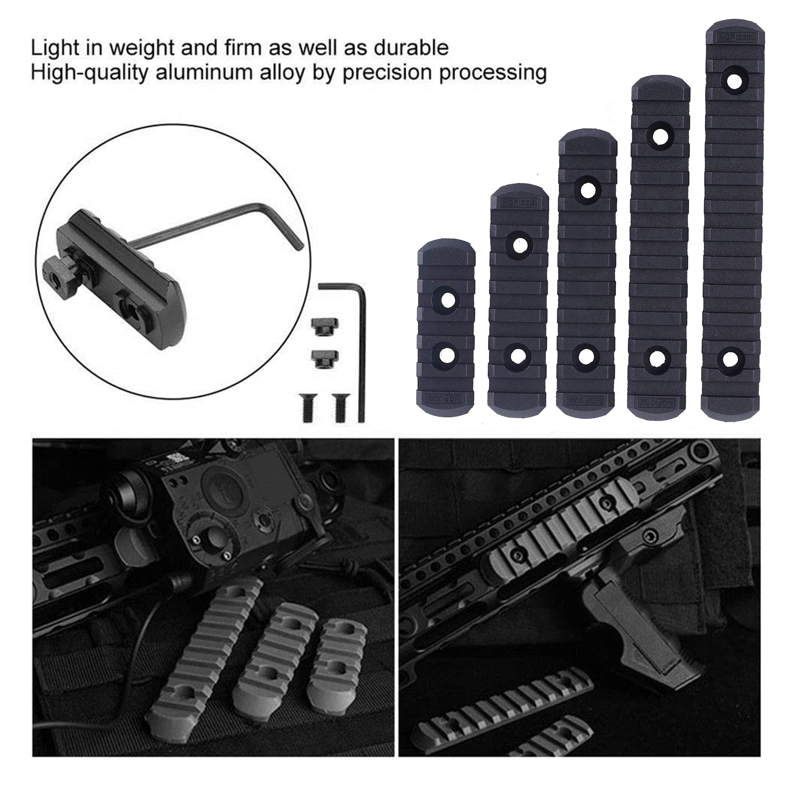 Rail Picatinny Pack 5 Rieles + Tornillos Mlok y Llave Airsoft para Rifle 20/21mm Tactico Adaptador Weaver Accesorios Arma de Caza Montura Visor de Paintball Handguard Keymod