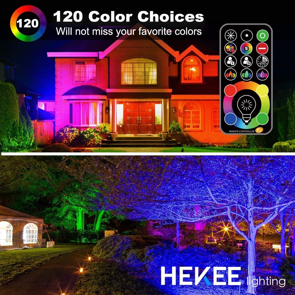 HEKEE, Reflektor zewnętrzny LED 40W RGBW zmieniający kolor, tryb stroboskopowy DIY, 120 kolorów, synchronizacja, naświetlacz zewnętrzny 4000 lumenów, RGB 2700K ciepły biały, wodoodporność IP66