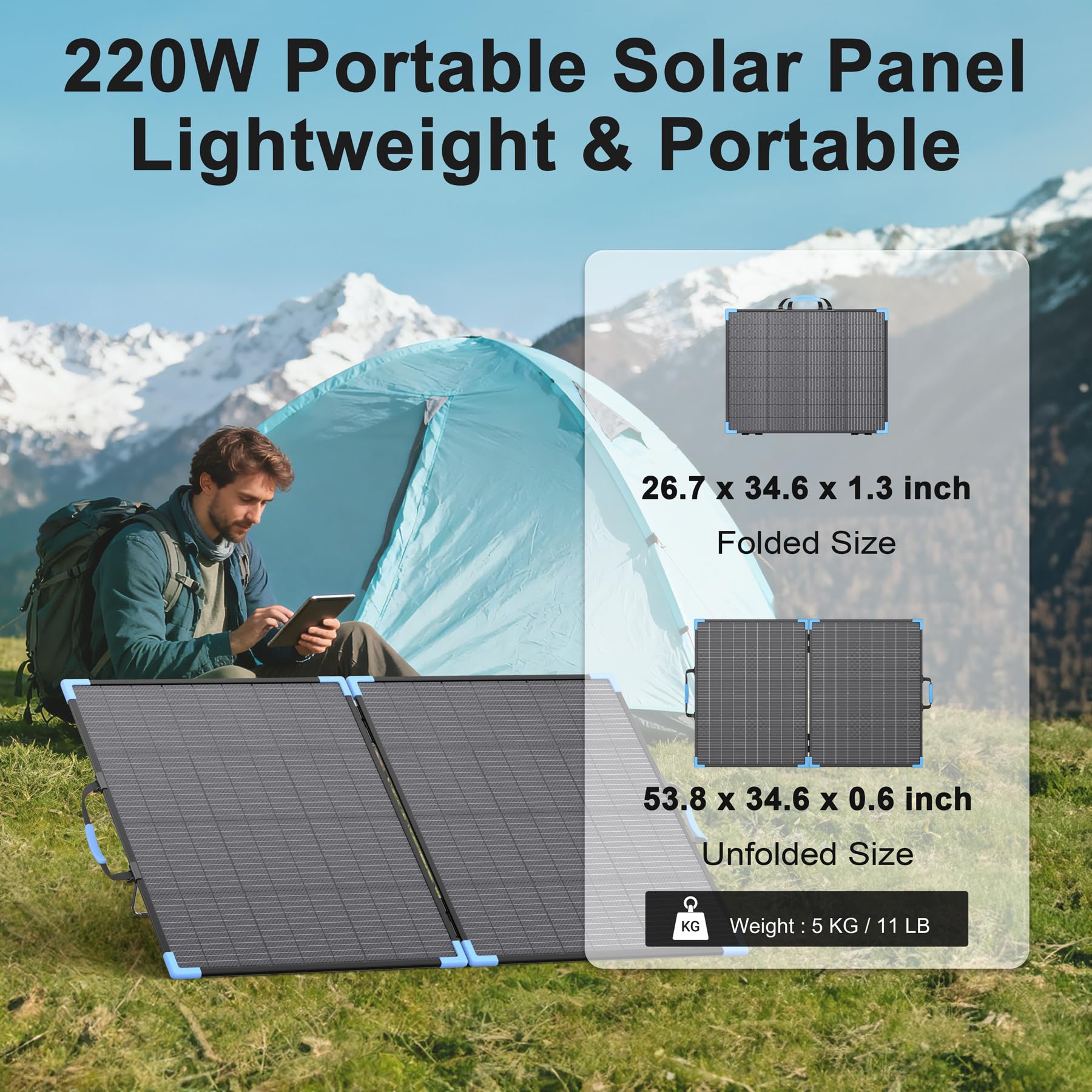 Pannello solare bifacciale portatile da 220 W per centrali elettriche, 23,5% ad alta efficienza, caricabatterie solare pieghevole ETFE per elementi essenziali da campeggio, impermeabile IP68, 2