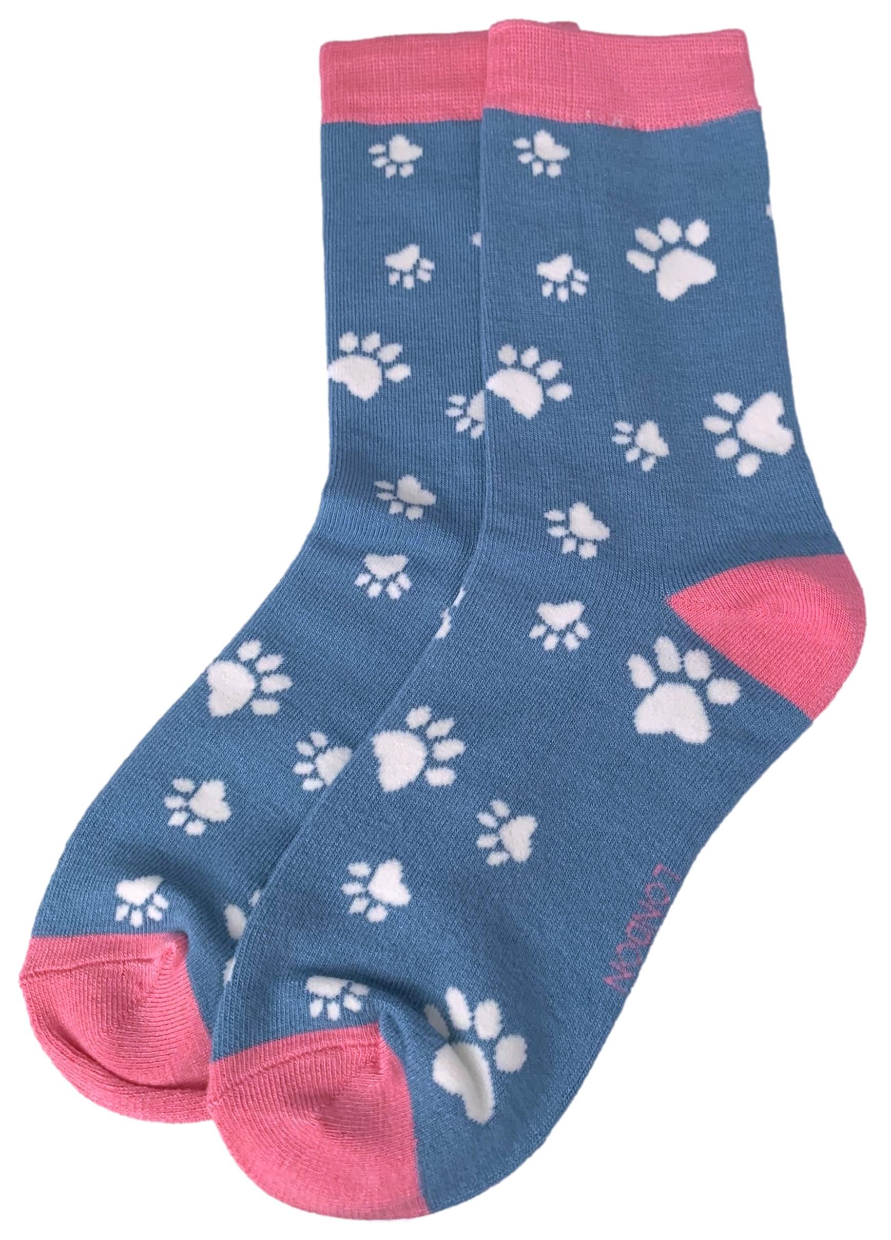 Purple Possum UK® Paw Print Socks Ladies Blue Pink Dog Cat Paws Bamboo Cotton Blend Cats Dogs Womens Size 4-7