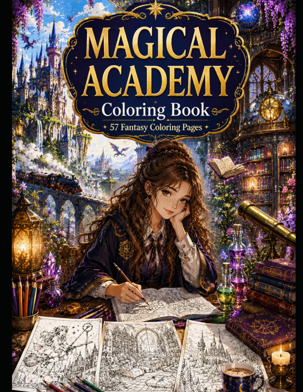 Magical Academy Coloring Book: 57 Fantasy Coloring Pages for Adults and Teens A Relaxing Gift for Fantasy Lovers