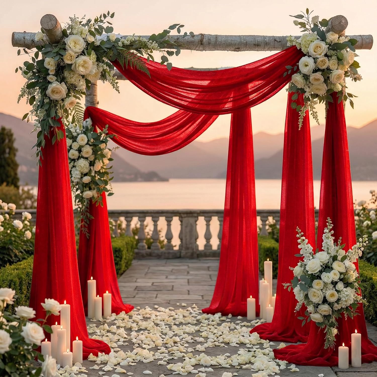 ® Pack of 1 Wedding Arch Drape Panel (30" Width x 20ft Long) Sheer Chiffon Arbor Canopy Drapery Fabric for Wedding Ceremony Reception Decoration Party Ceiling Backdrop Curtain Swag - Red thumbnail